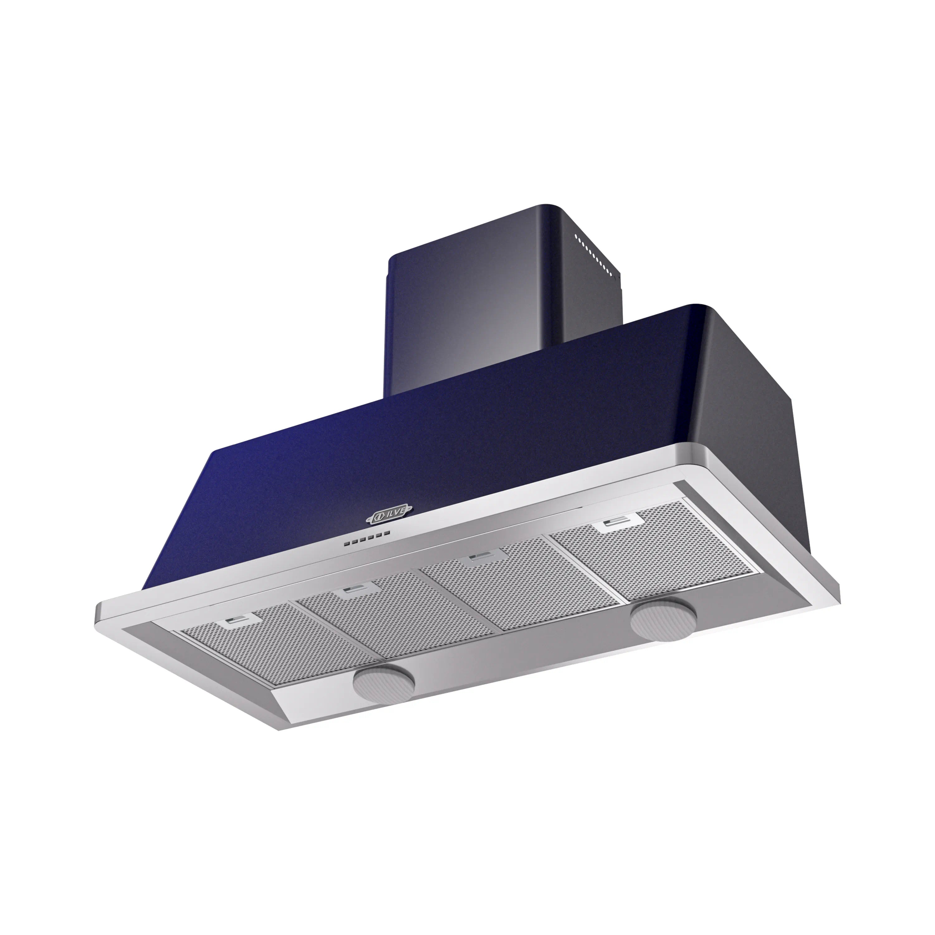 Midnight blue wall mount range hood with twin mesh filters and two round controls