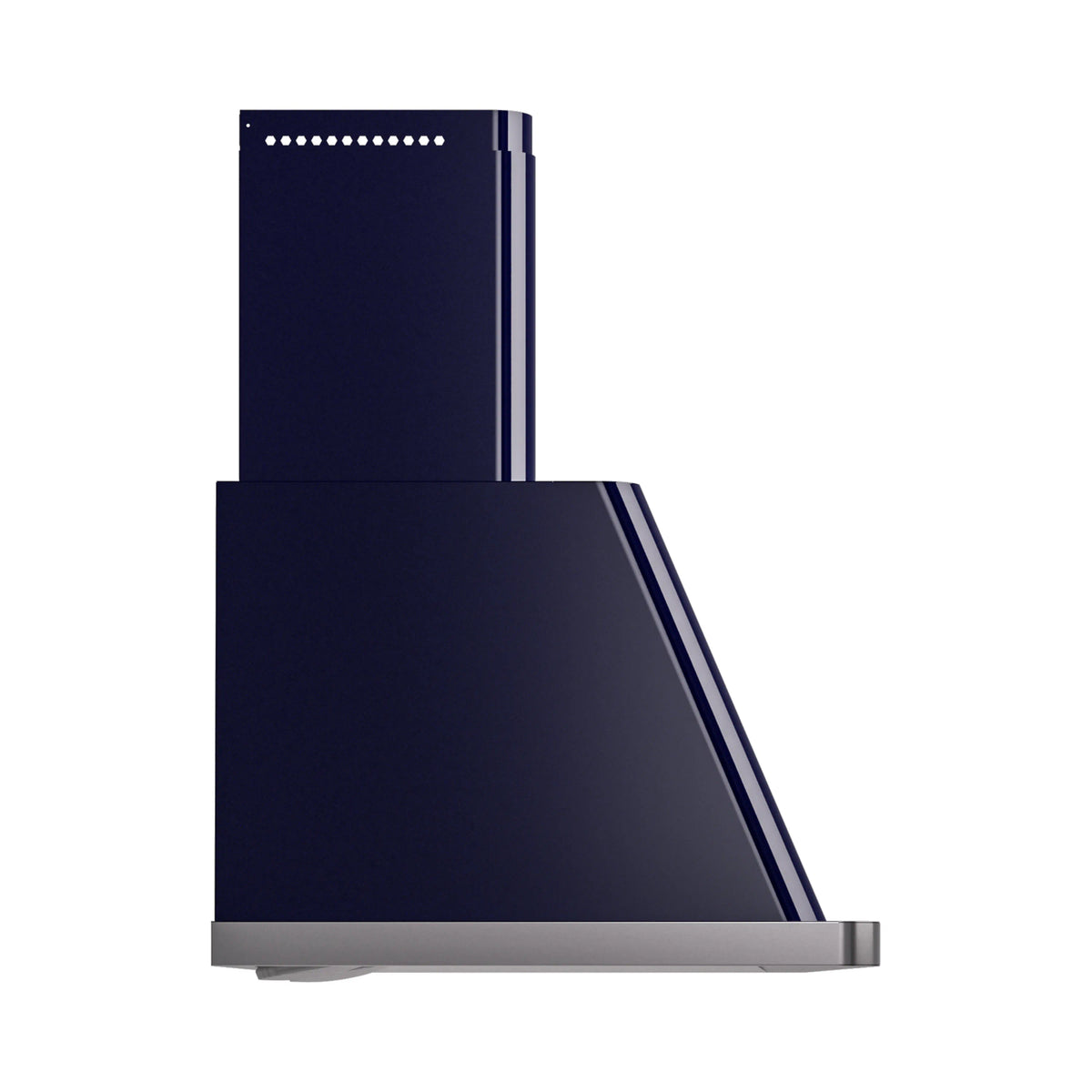 Midnight blue wall mount range hood with stainless bottom panel and chimney