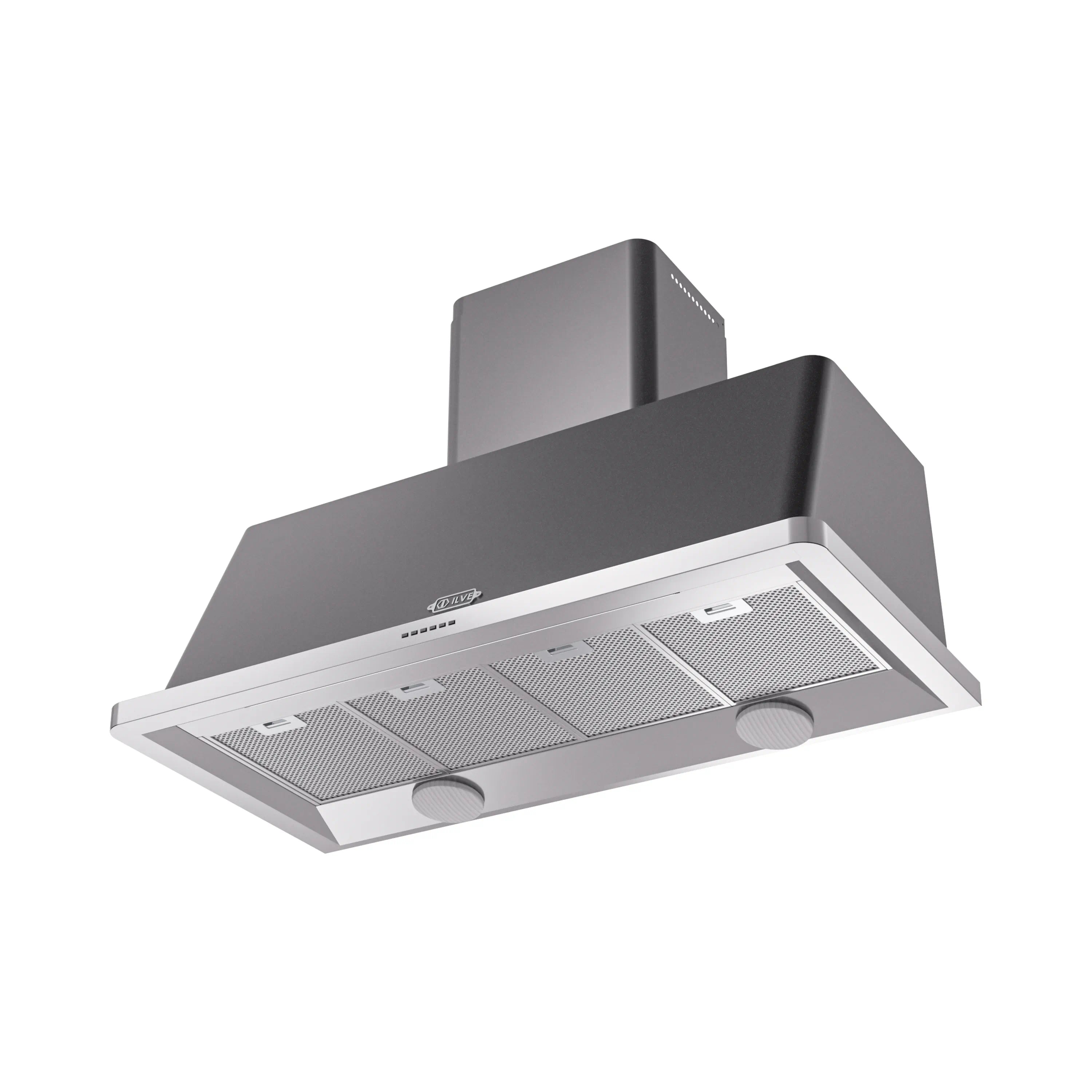 Graphite matte wall mount range hood underside with mesh filters and controls