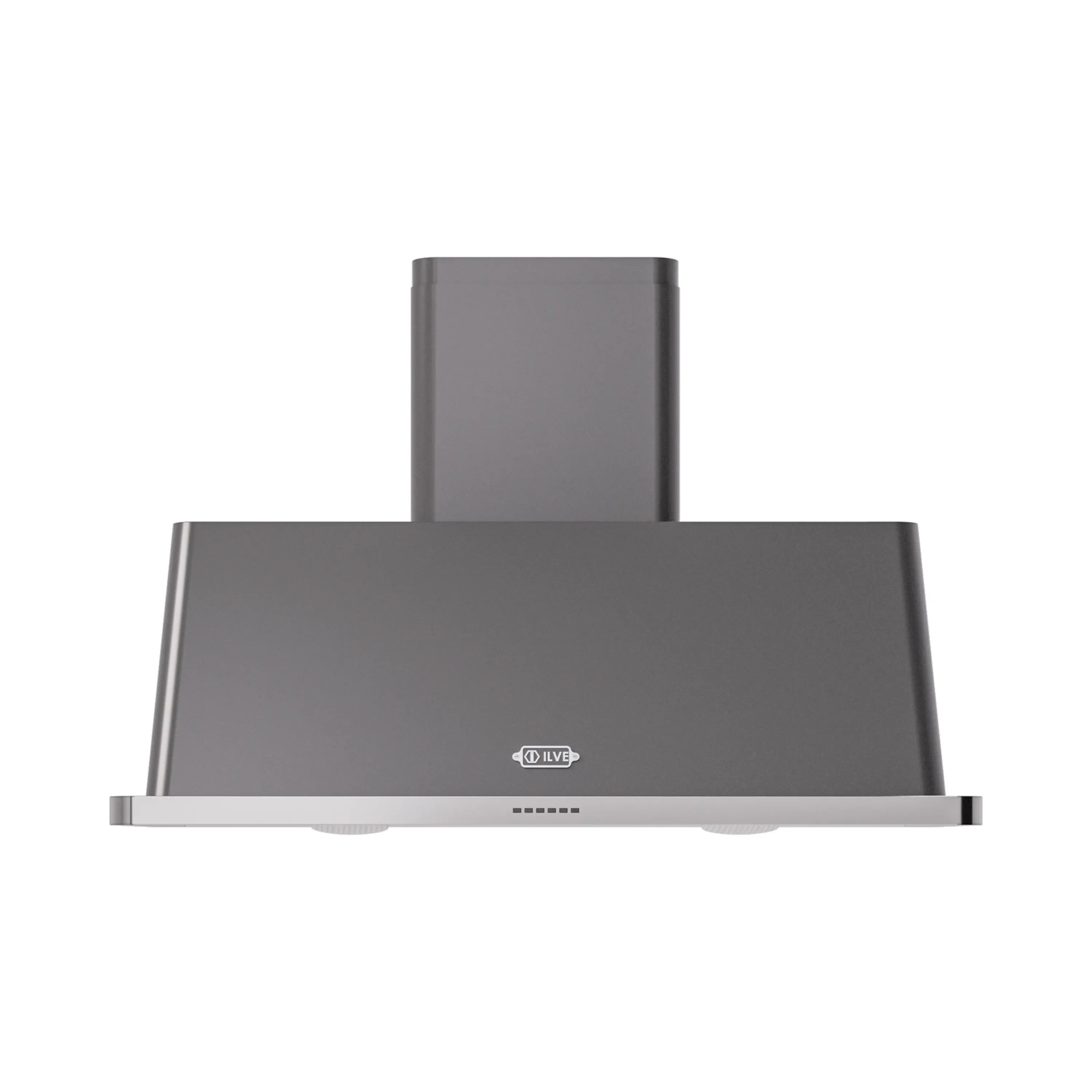 Graphite matte wall mount range hood with front logo and vertical chimney