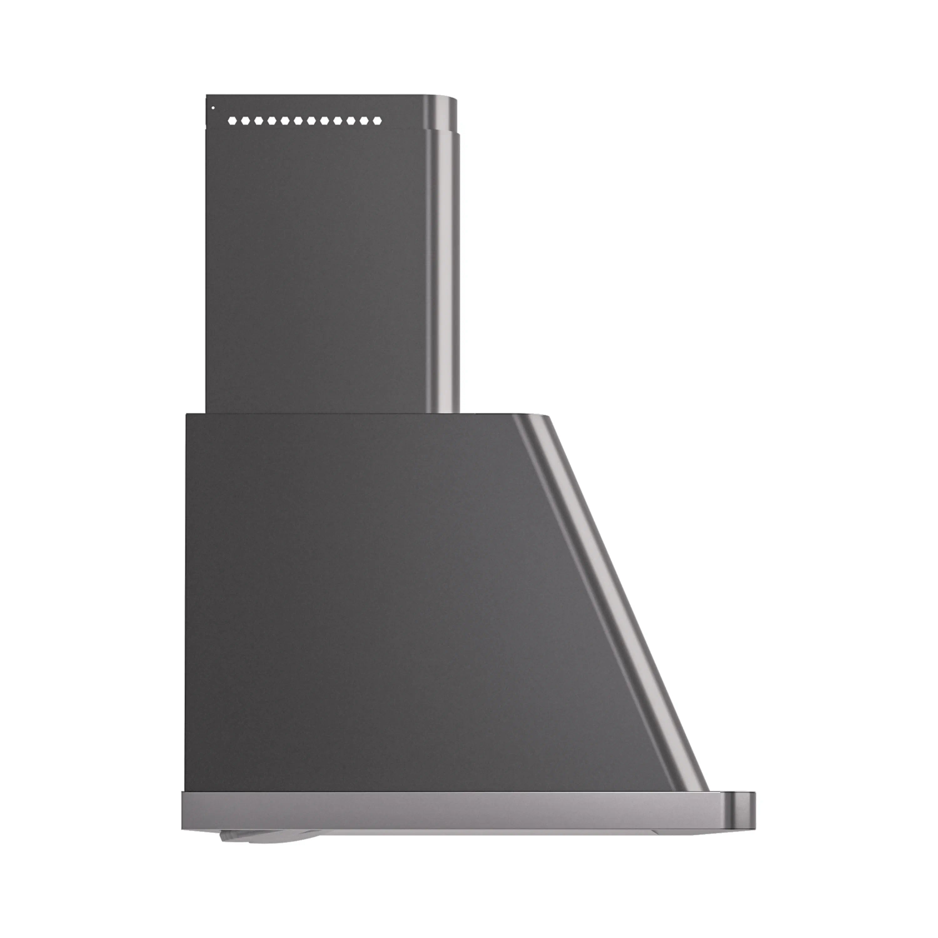 Graphite matte wall mount range hood with angled canopy and chimney stack