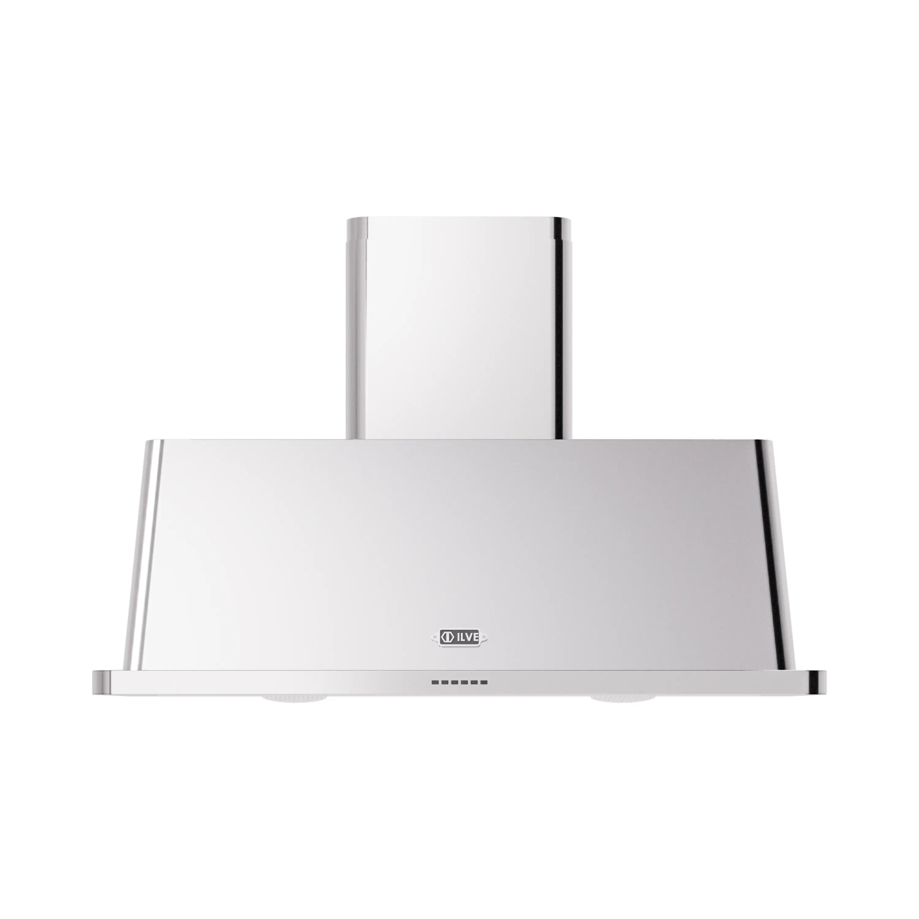 Stainless steel wall mount range hood front panel with control buttons and chimney