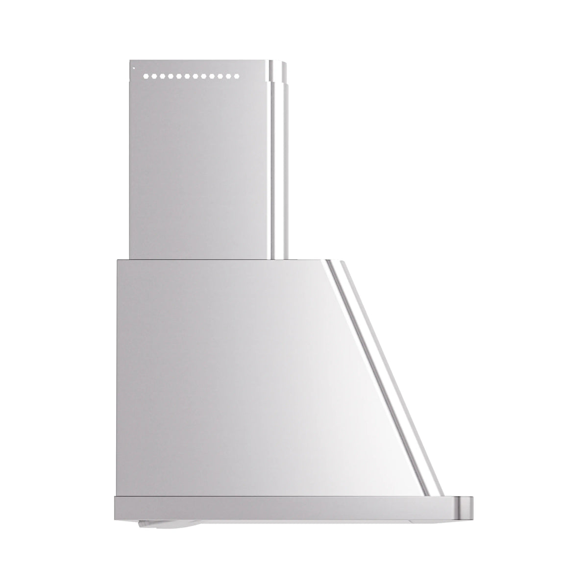 Stainless steel wall mount range hood, angled side view with vertical chimney