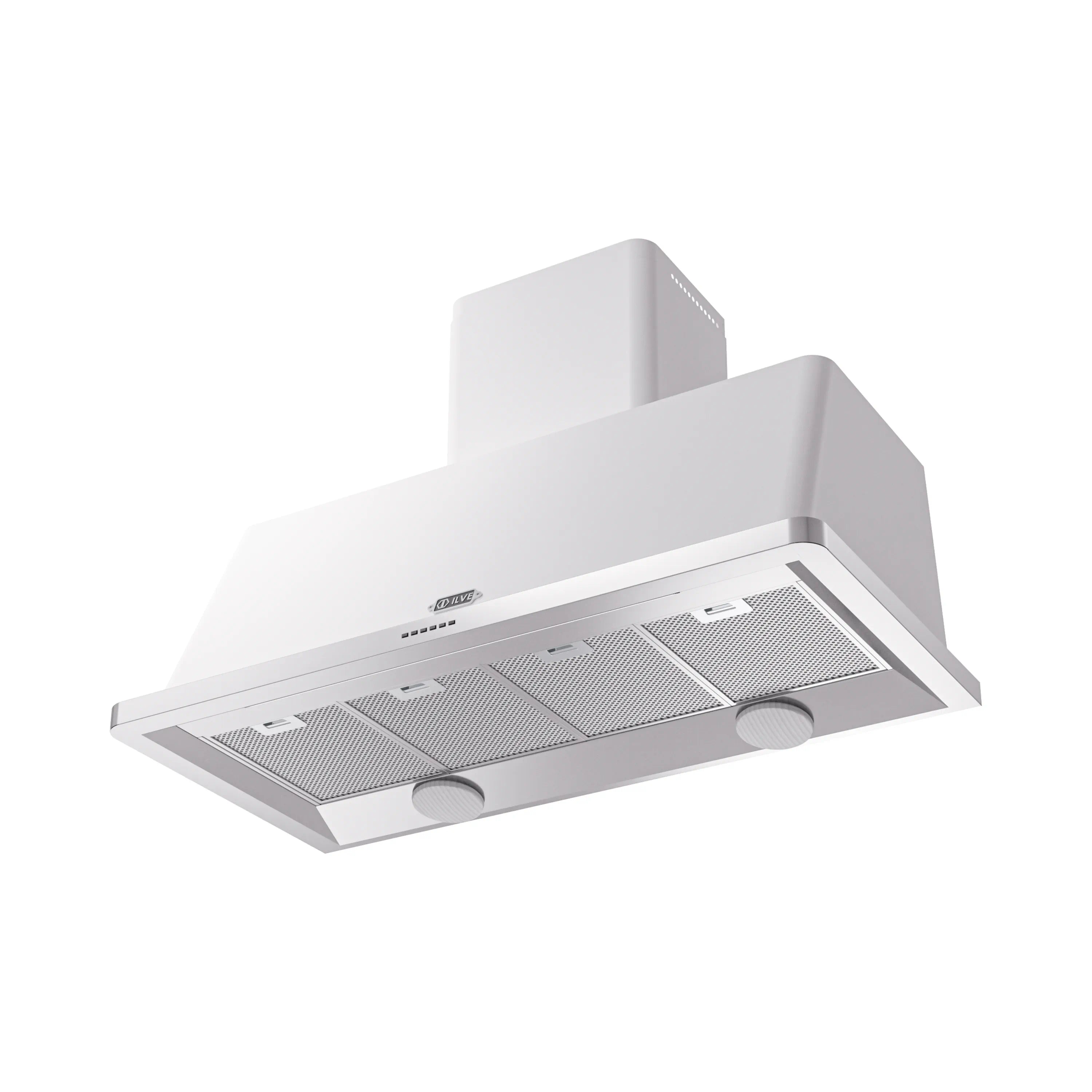 White wall-mount range hood with rectangular canopy, mesh filters, and circular knobs