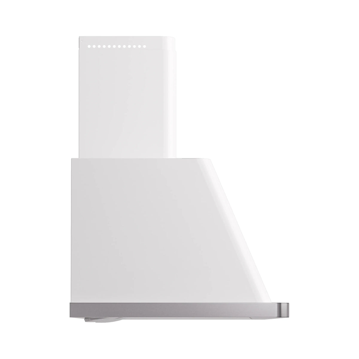 White wall-mount range hood with chimney flue and perforated vent grille