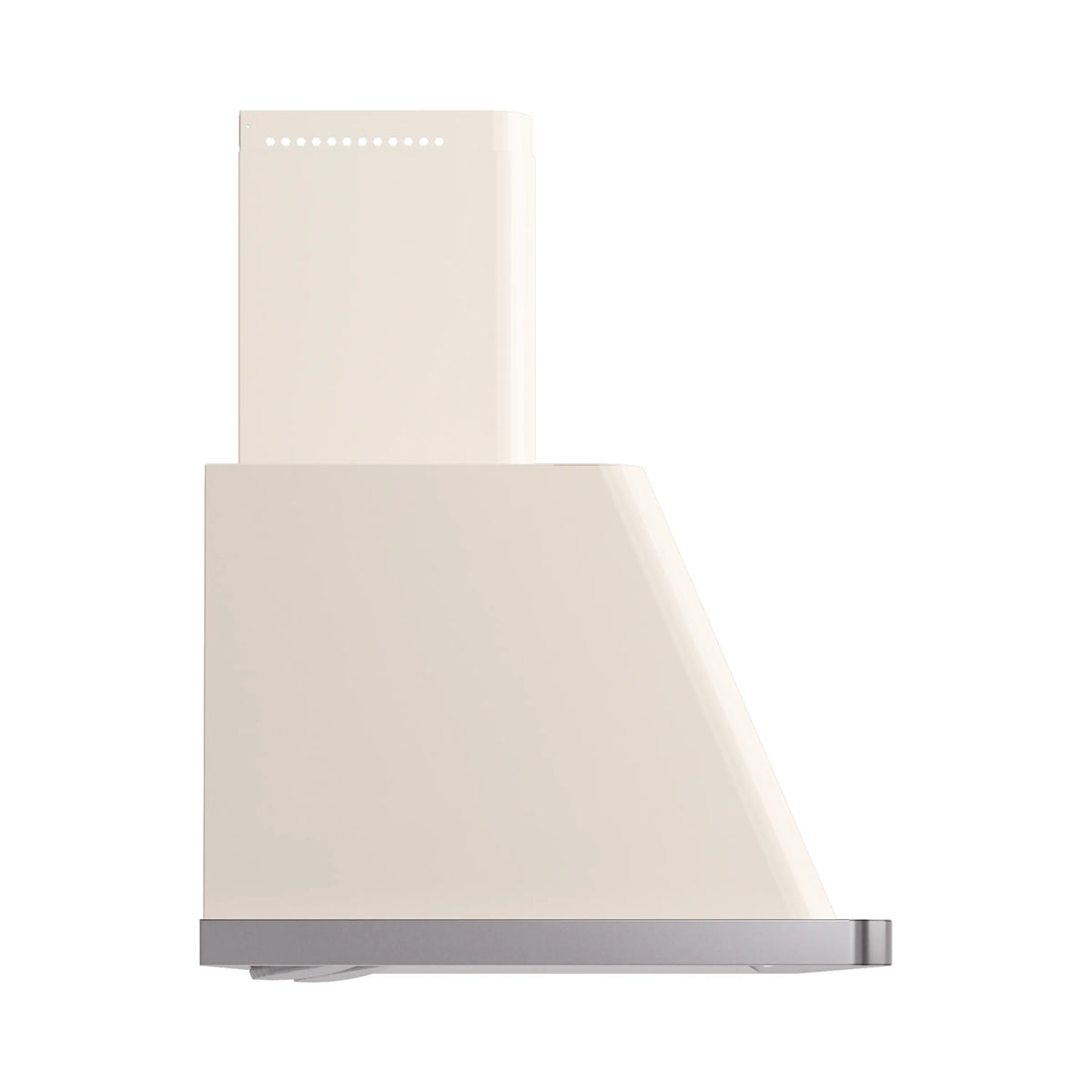 Antique white wall mount range hood with tall chimney and simple baffle top.