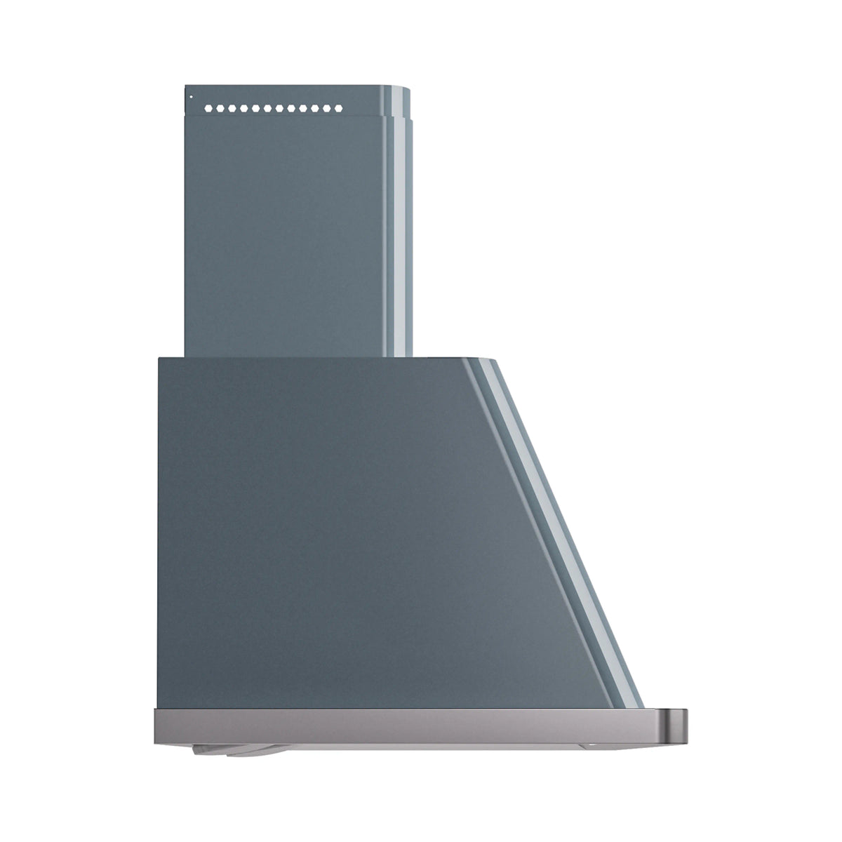 Blue grey wall mount range hood with angled chimney and front vent panel