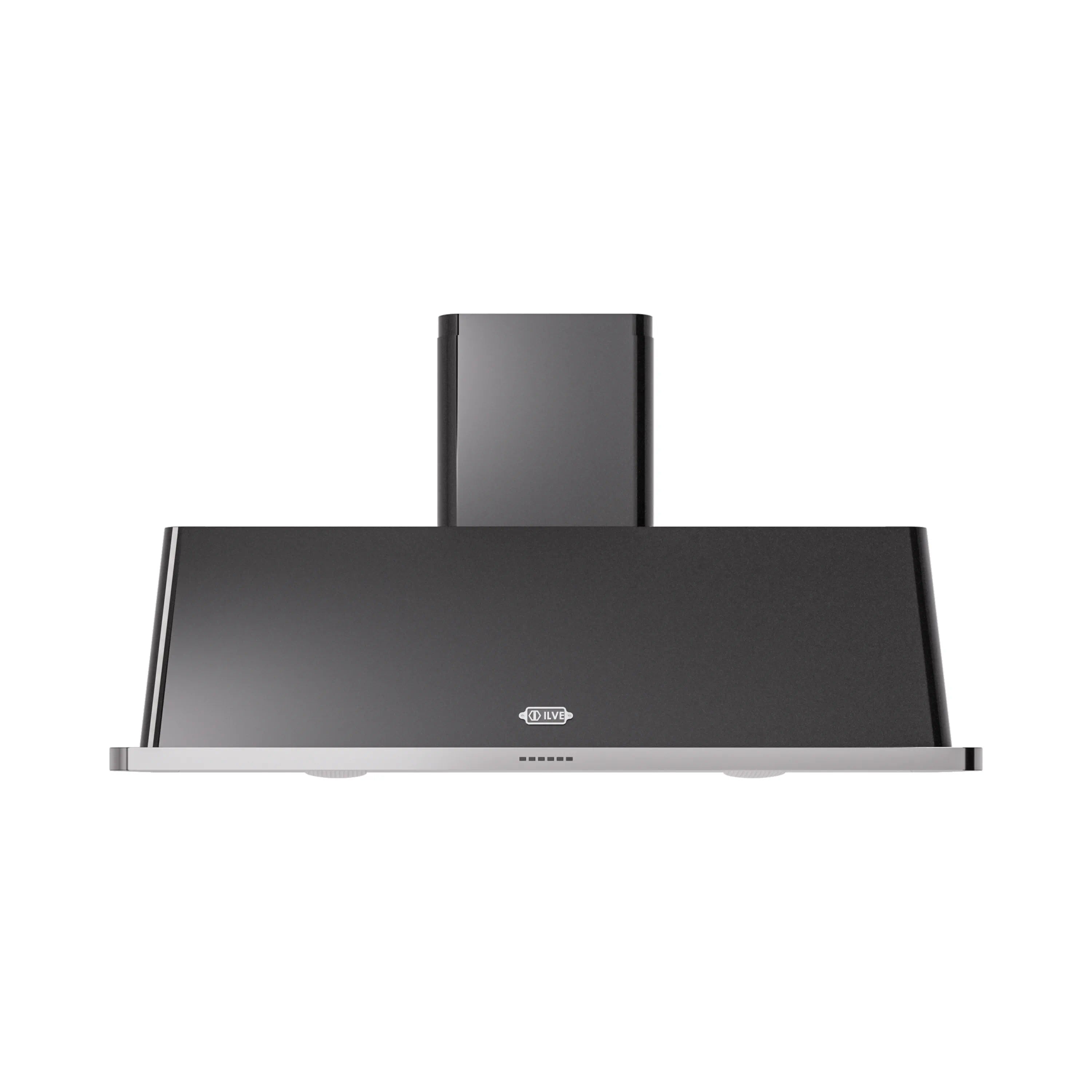 Glossy black wall-mount range hood, front view with control panel and chimney
