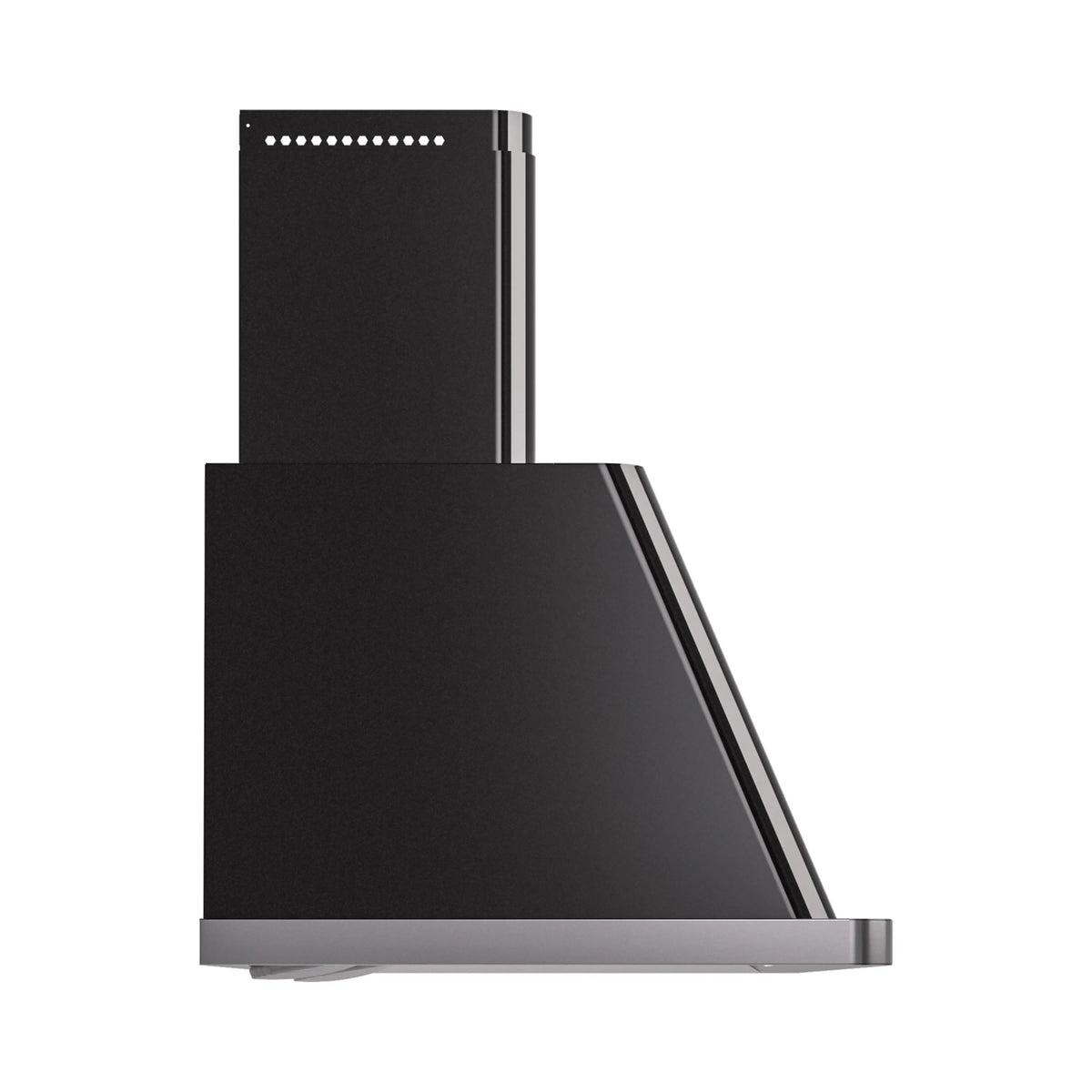Glossy black wall-mount range hood, angled side view with chimney extension