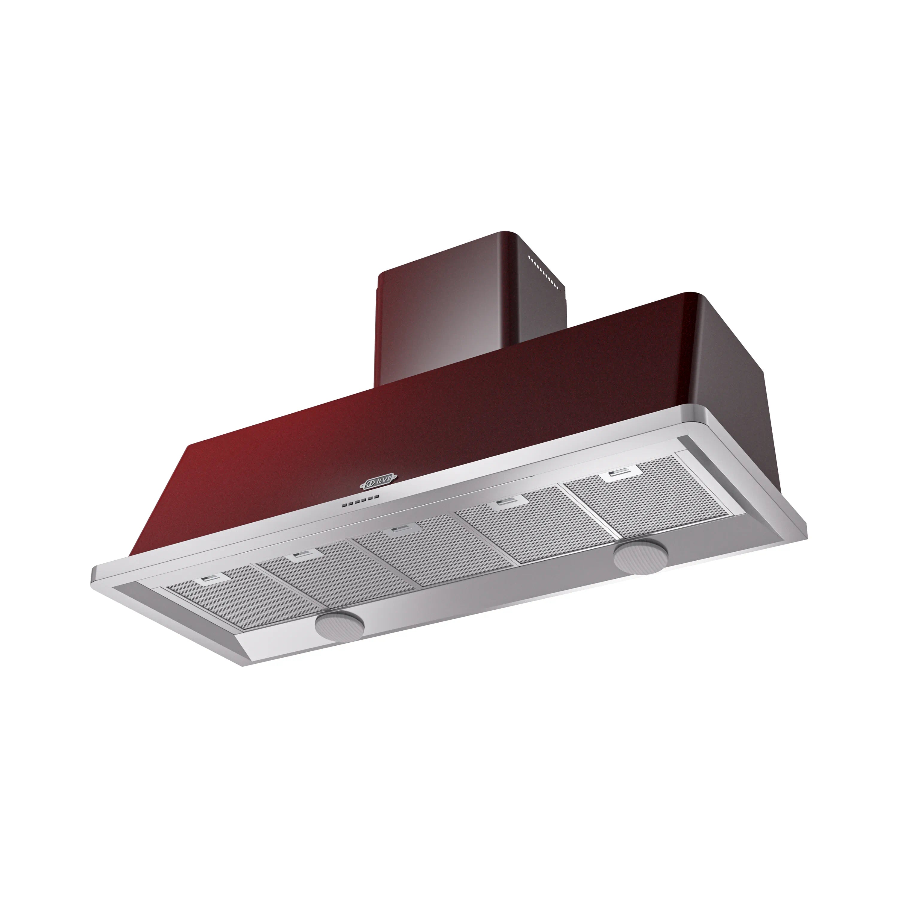 Burgundy wall-mount range hood with stainless mesh filters and vent chimney cover