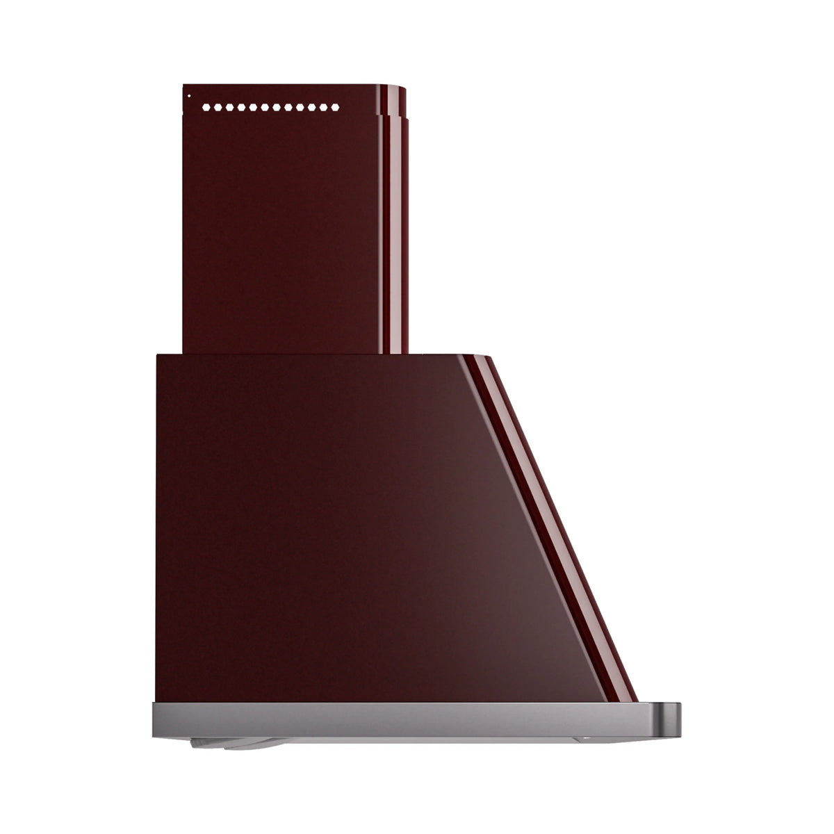 Burgundy wall-mount range hood with slanted chimney and stainless edge trim