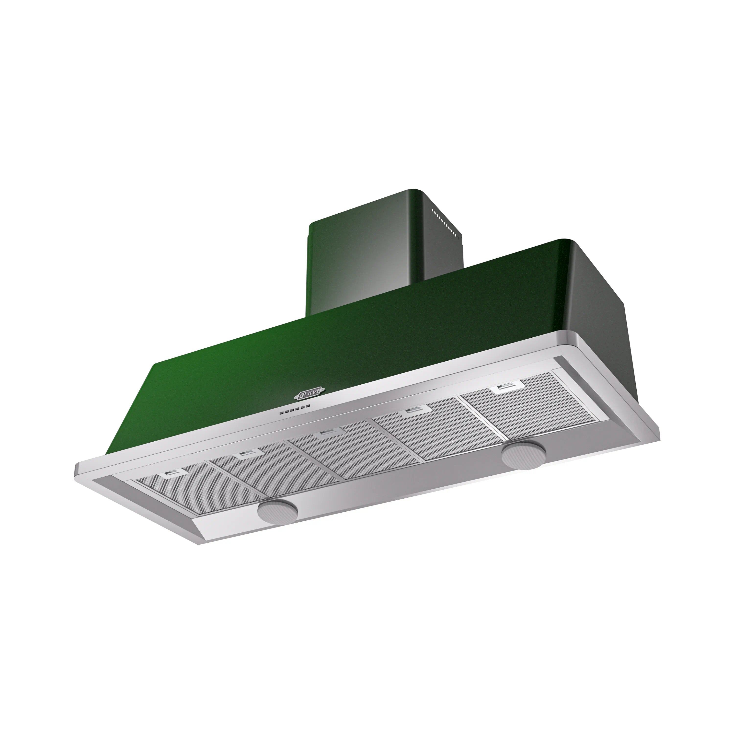 Emerald green wall-mount range hood with stainless vent filters and control panel
