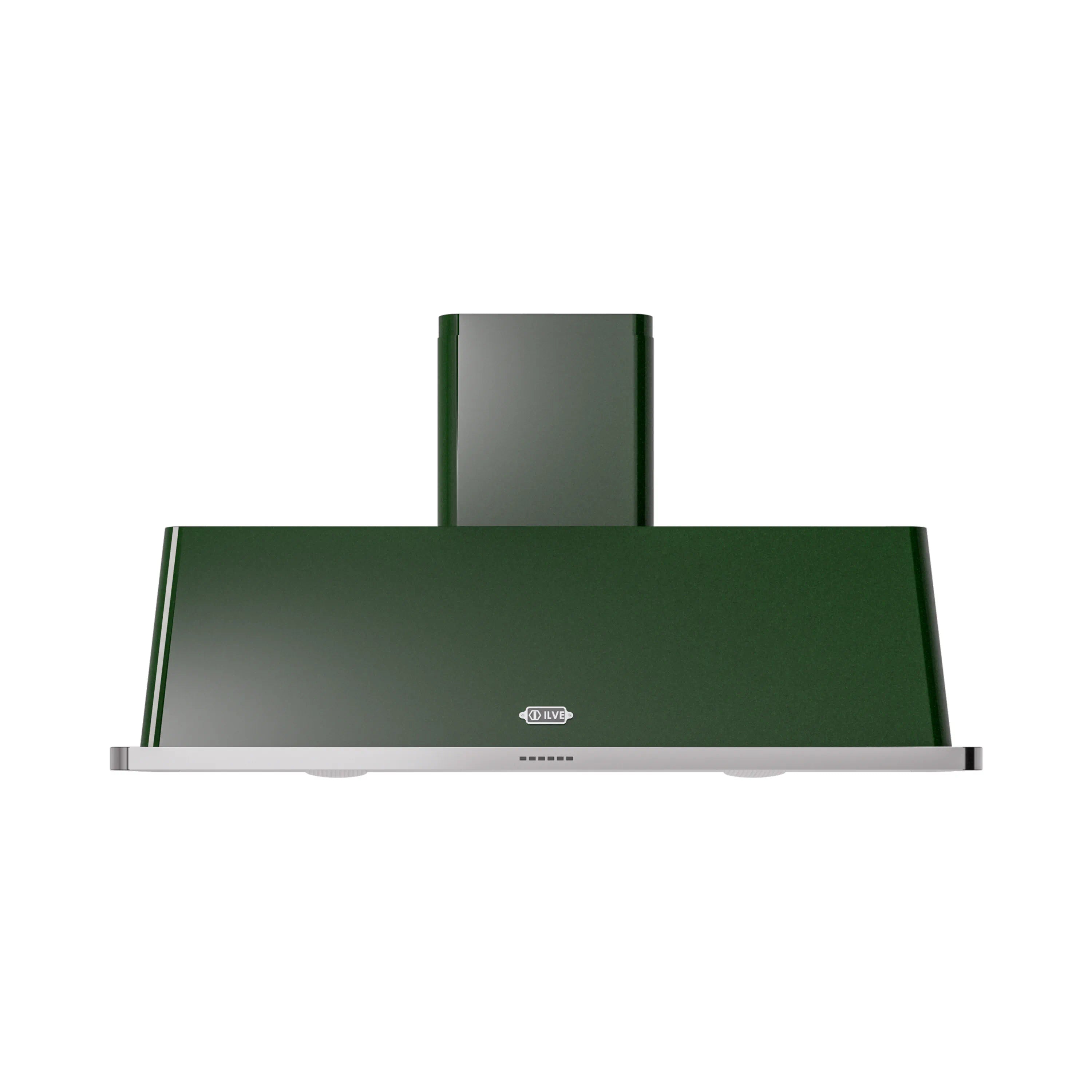 Emerald green wall-mount range hood with stainless bottom trim and center controls