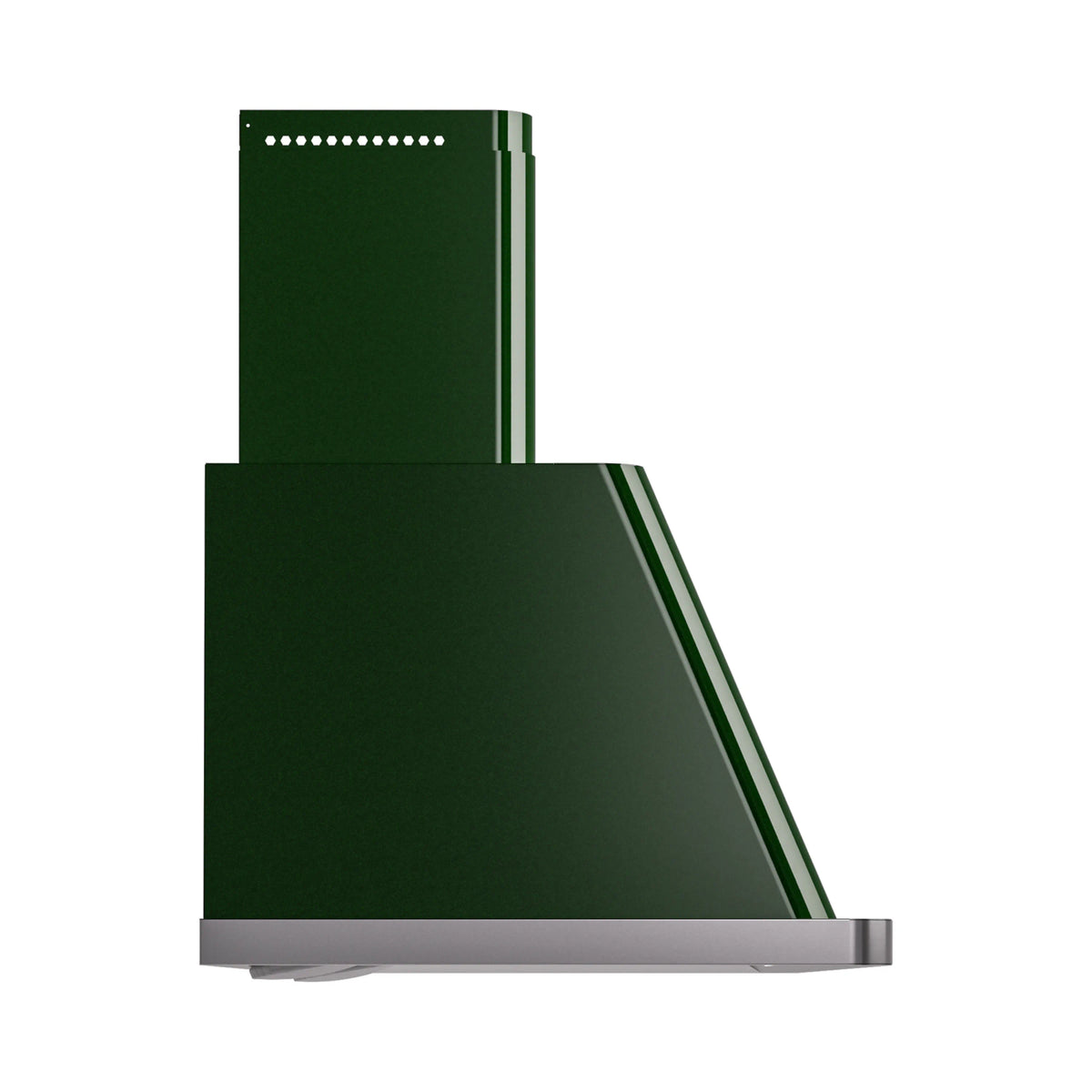 Emerald green wall-mount range hood with tall chimney and angled stainless trim