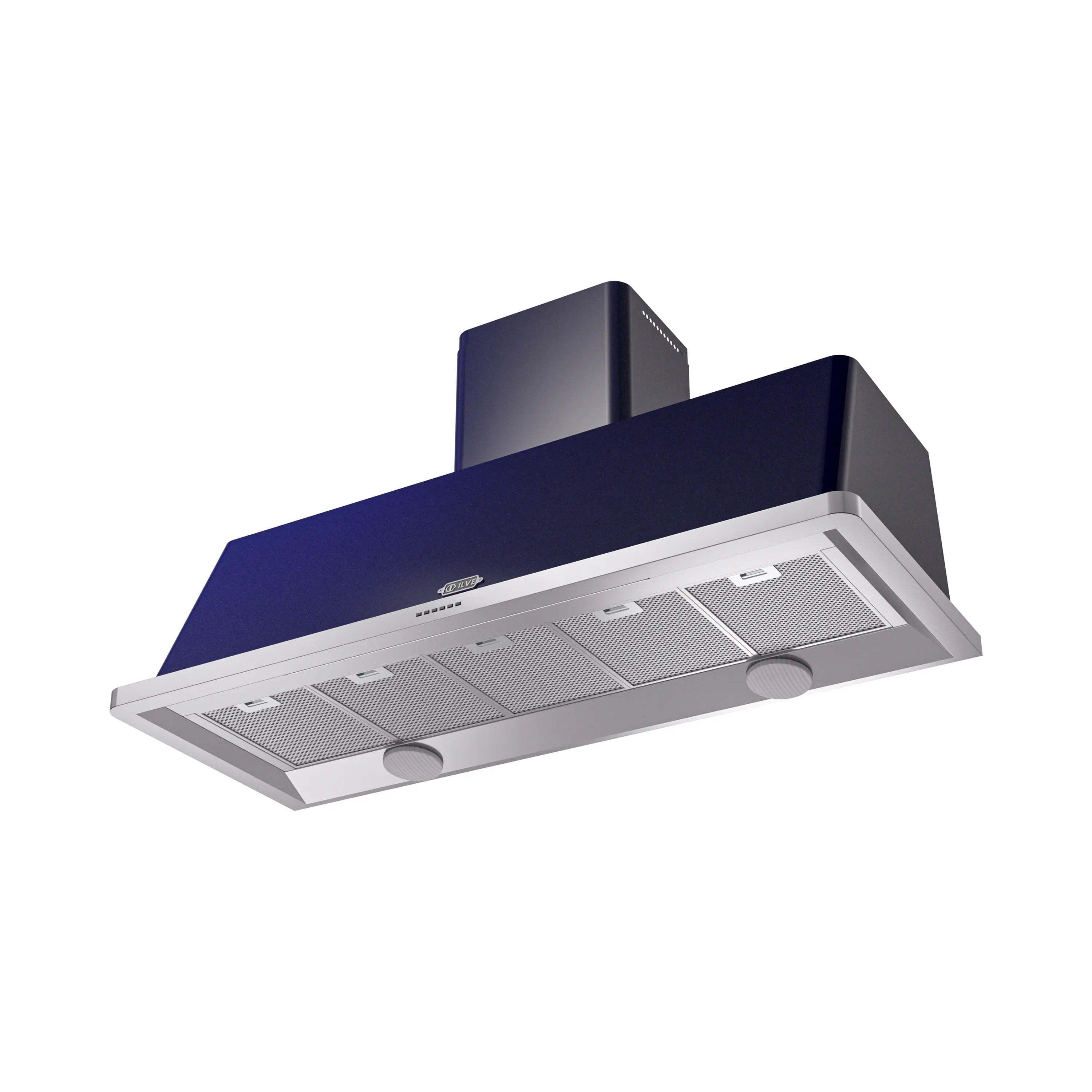 Midnight blue wall mount range hood with stainless baffle and vent filters