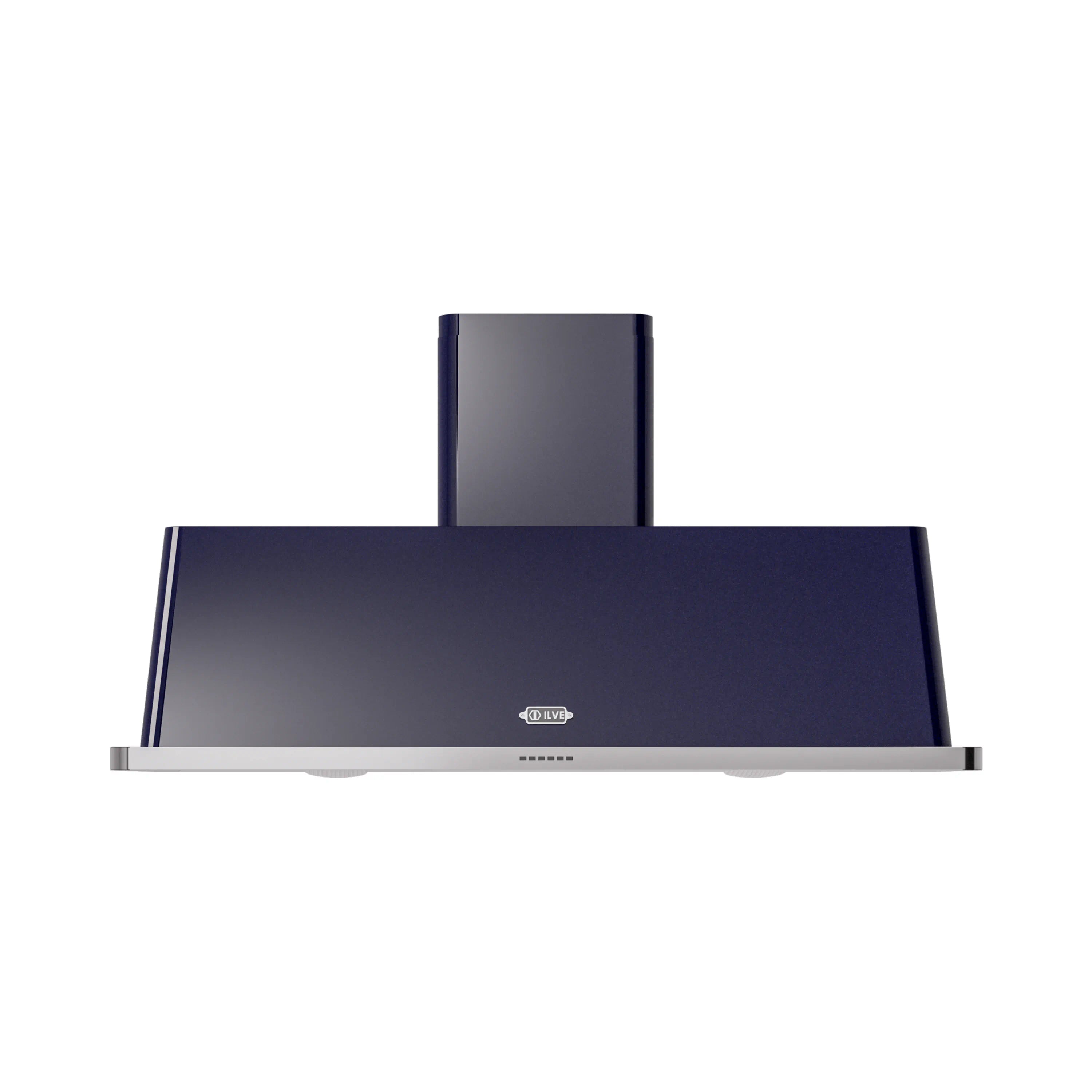 Midnight blue wall mount range hood with front control panel and metal trim