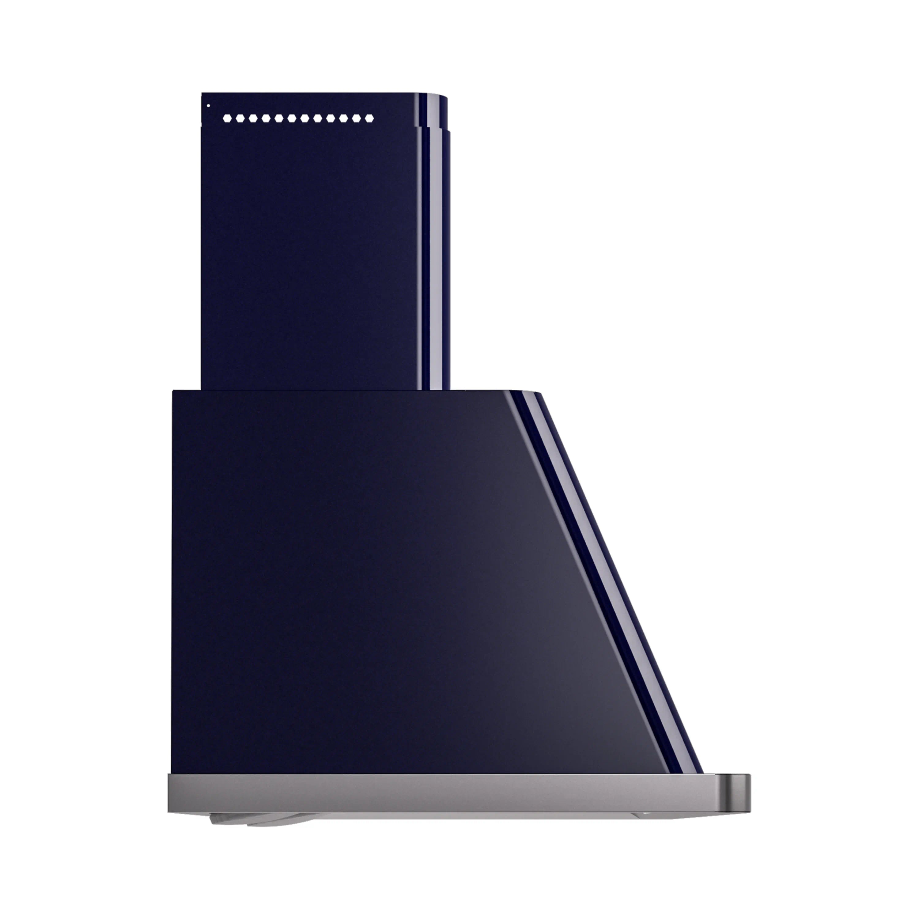Midnight blue wall mount range hood with chimney stack and slanted side