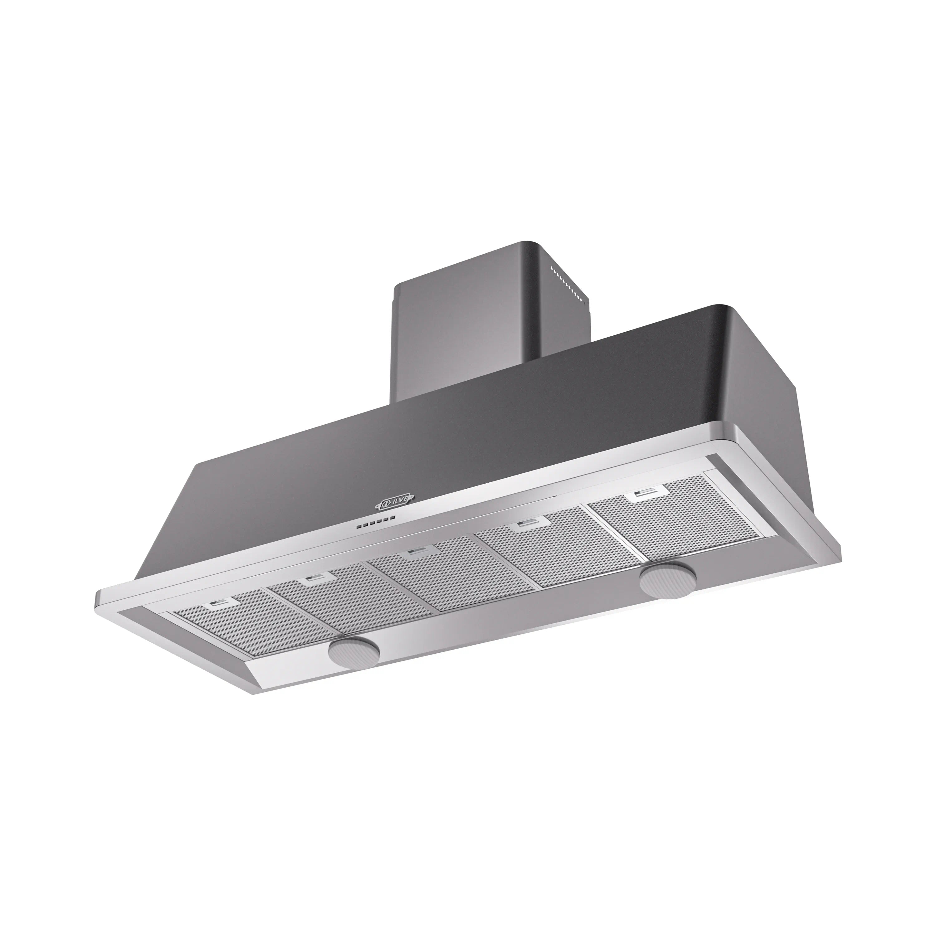 Graphite matte wall mount range hood with mesh filter panels and vent controls