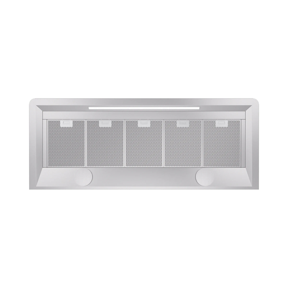Graphite matte wall hood underside with four mesh filter grilles and two round knobs