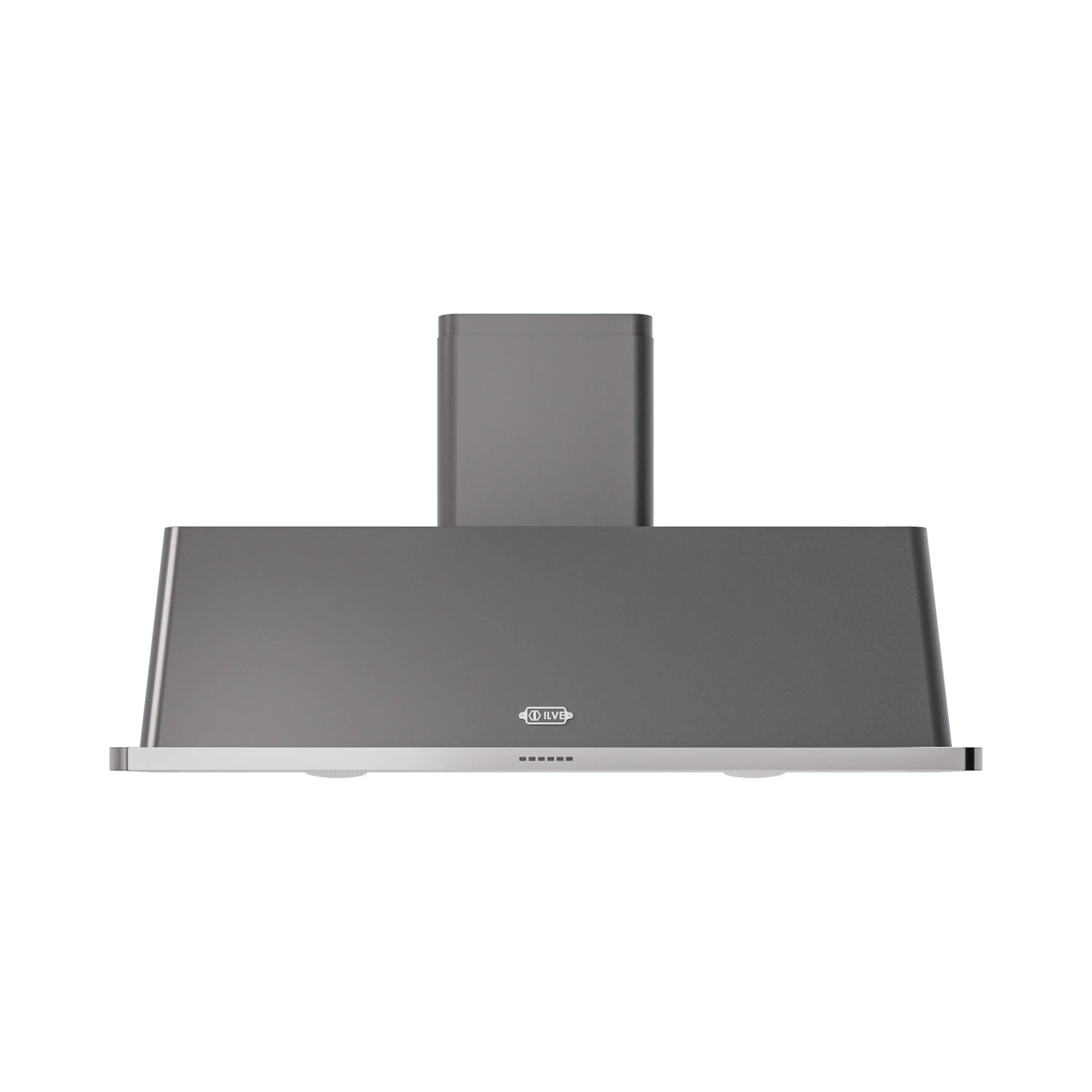 Graphite matte wall mount range hood front view with tall chimney and control strip