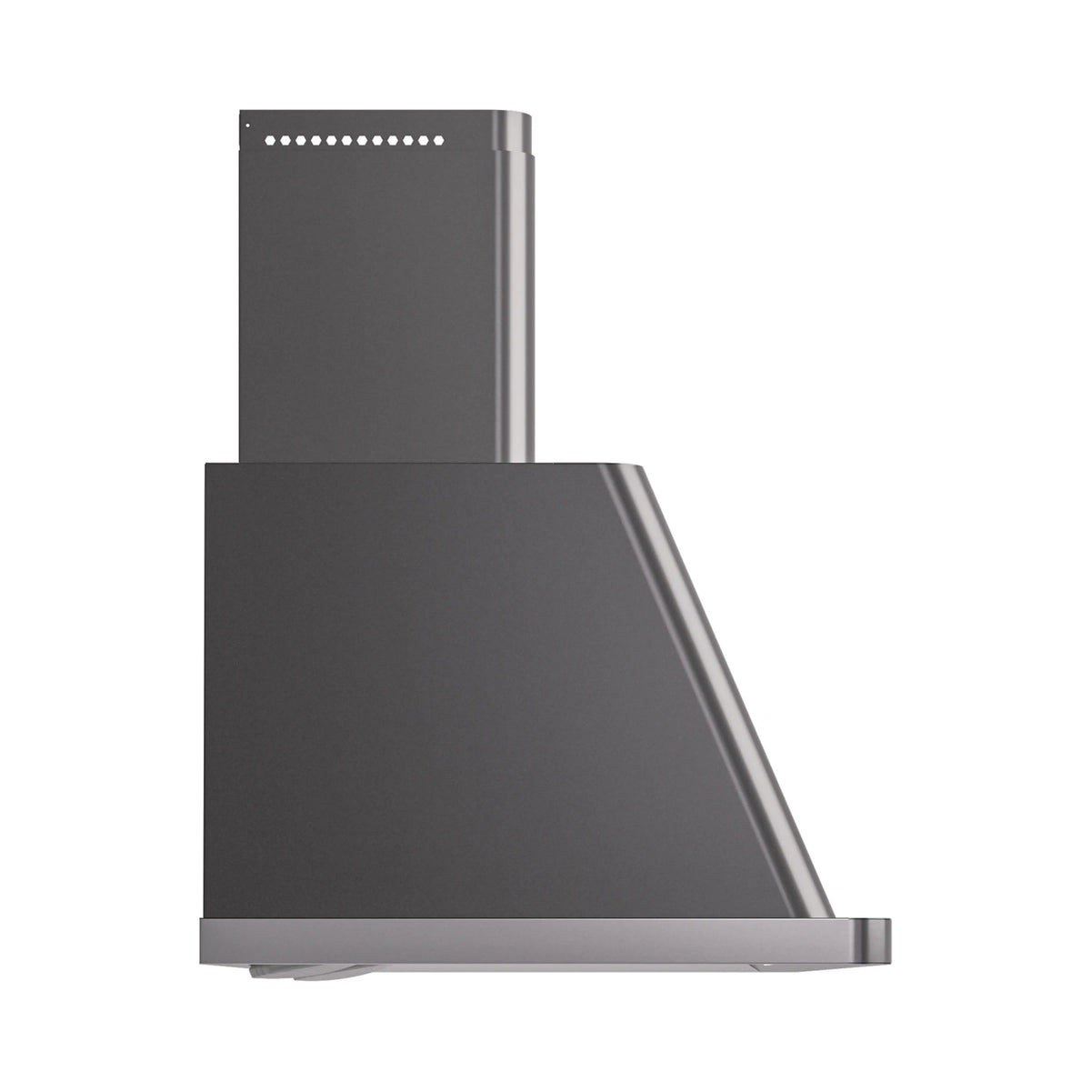 Graphite matte wall hood side angle with chimney extension and control dots on top