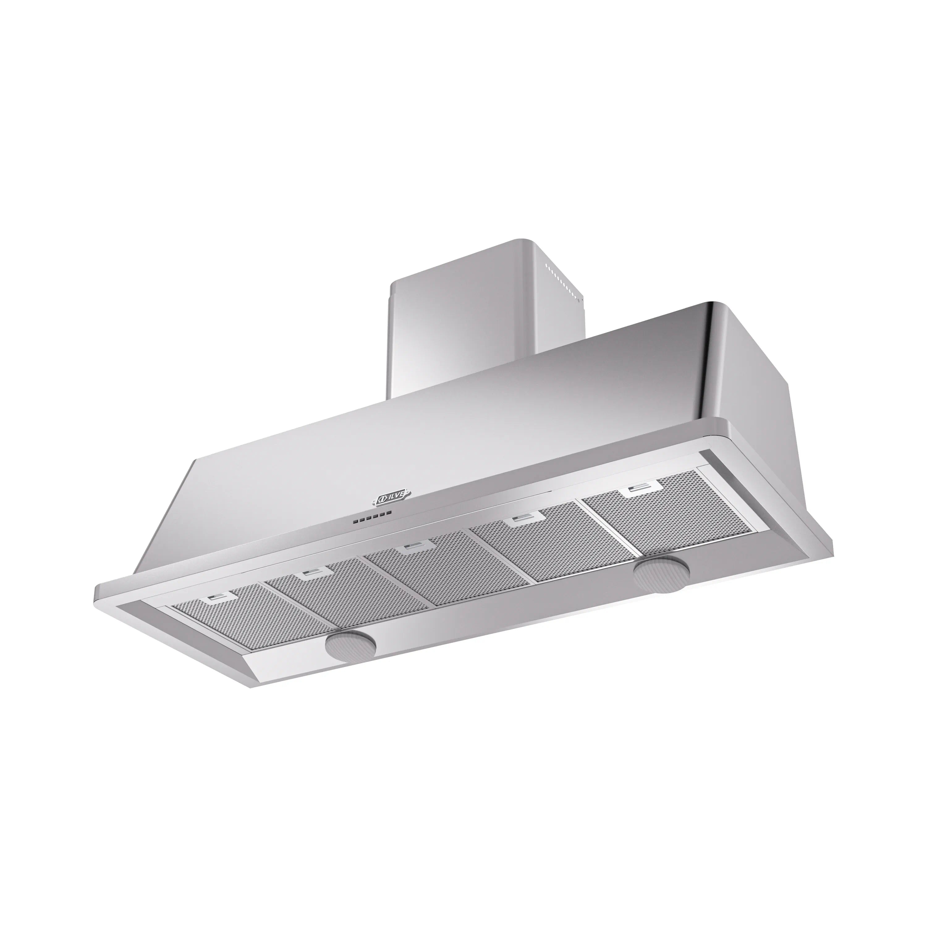 Stainless steel wall-mount range hood with vent filters and recessed fan cover