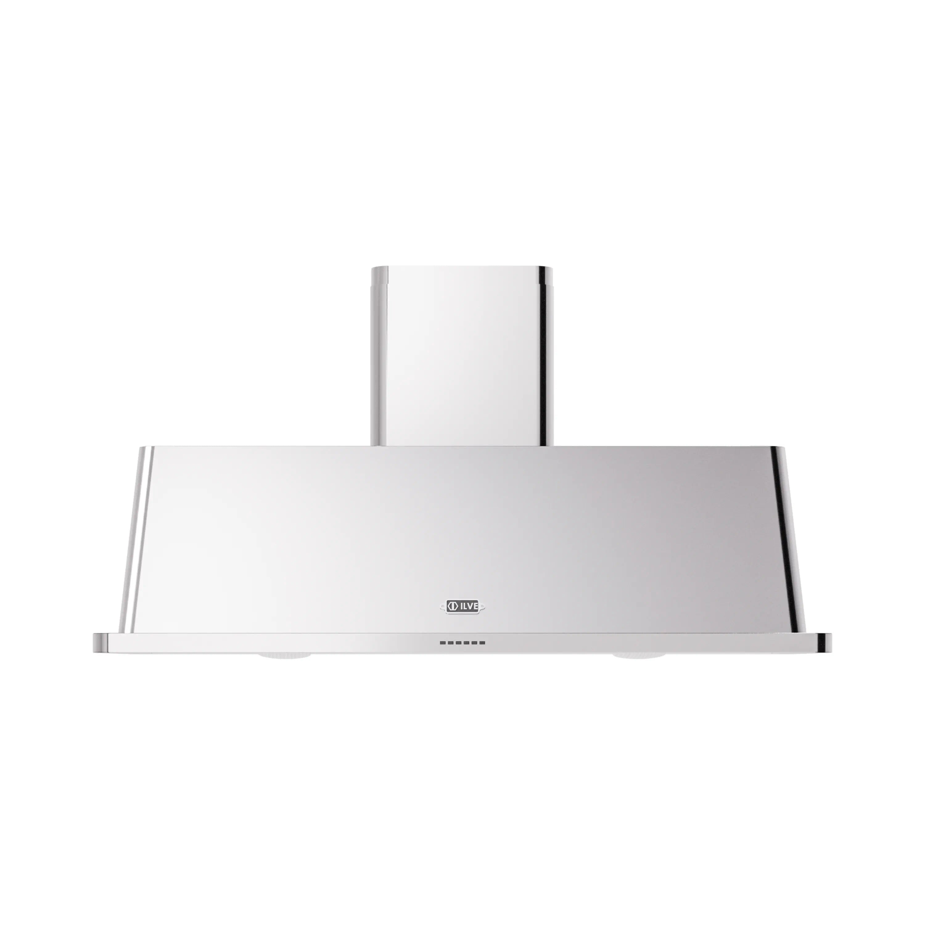 Stainless steel wall range hood with chimney back and centered control panel