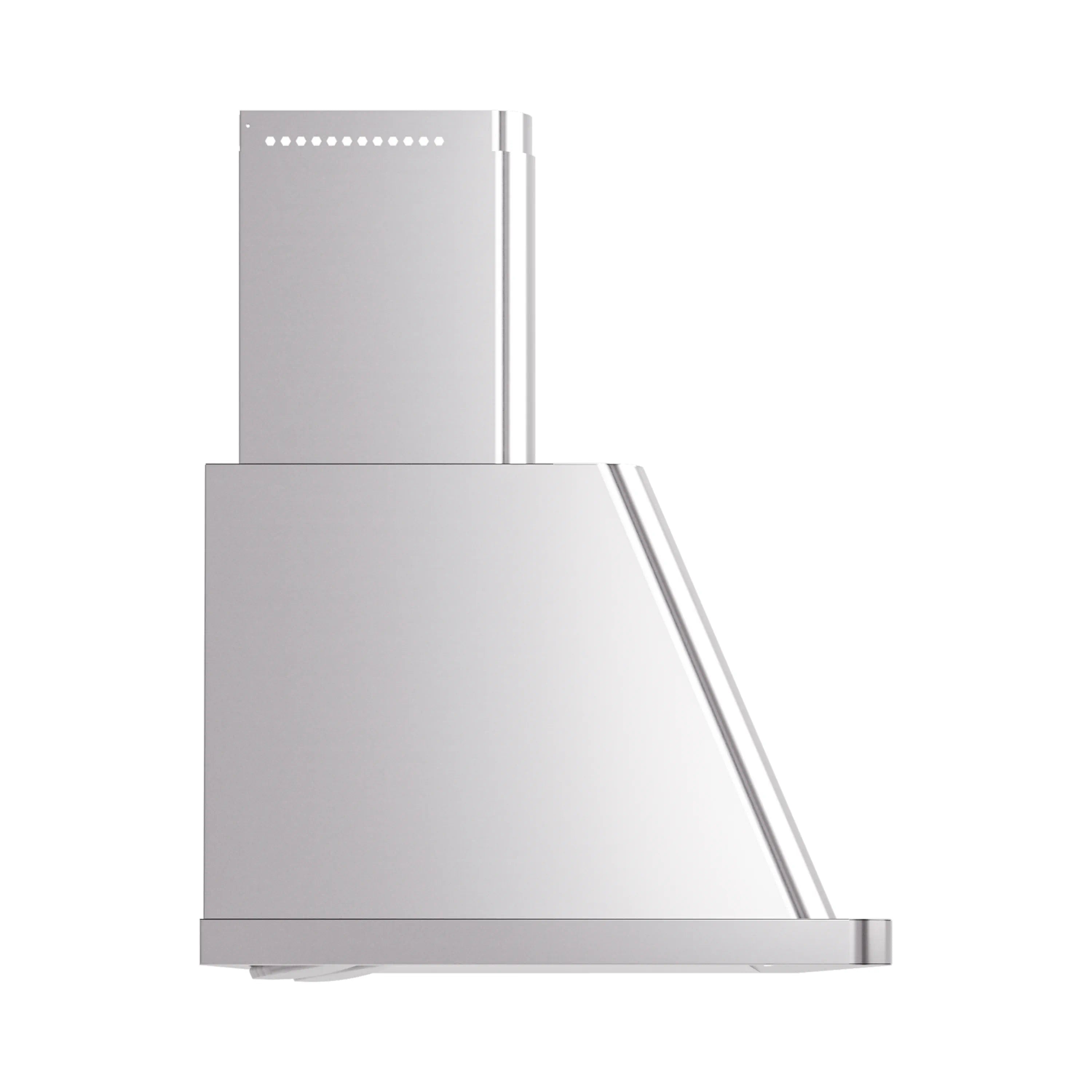 Stainless steel wall range hood with slanted chimney front and bottom trim