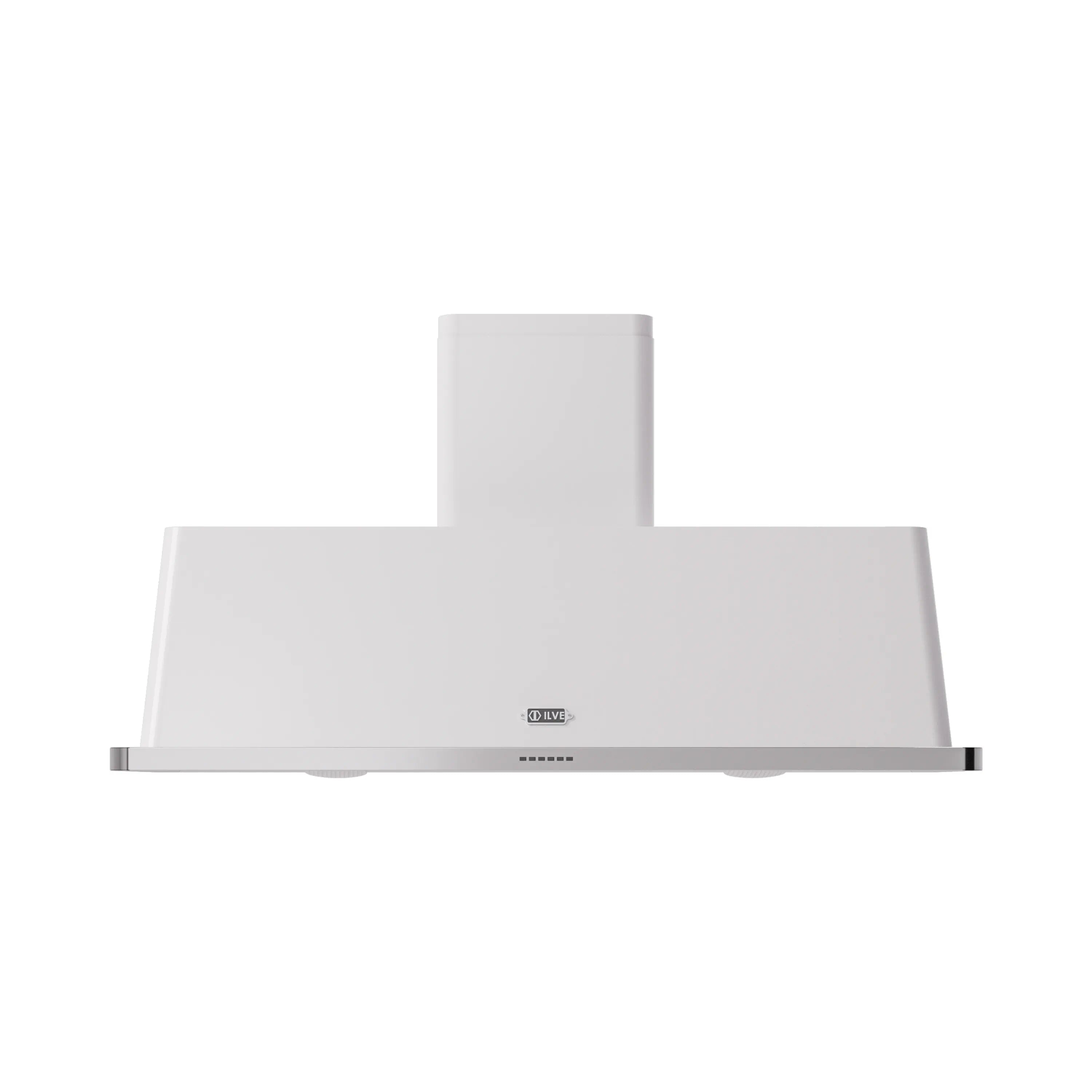 White wall-mount range hood front view with curved chimney flue.