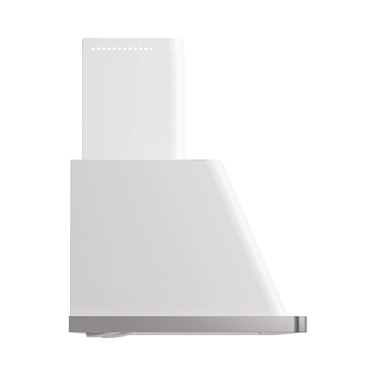 White wall-mount range hood side view with chimney stack and control panel.