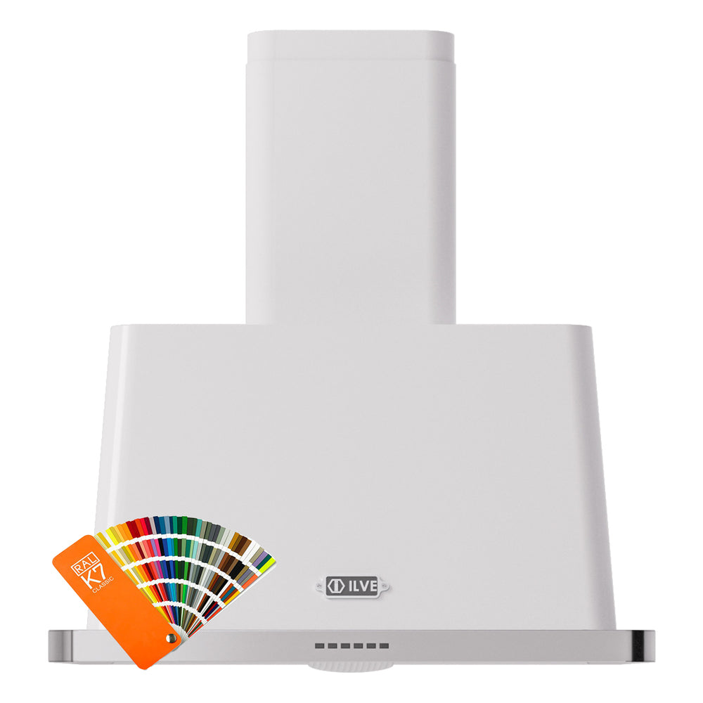 Wall-mount range hood with smooth white chimney body, front vent, and ILVE logo