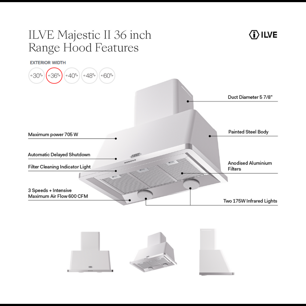 ILVE Majestic 36-Inch 600 CFM Wall Mount Range Hood in RAL (UAM90RA)