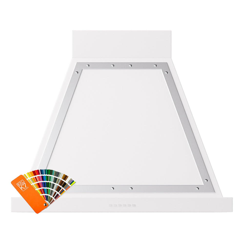 Wall-mounted range hood canopy with chrome-trimmed opening, filter not visible