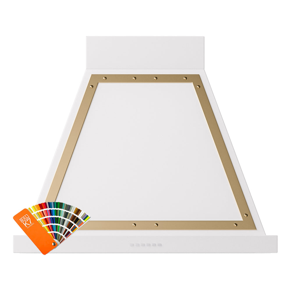 Wall-mounted range hood underside with brass-trimmed vent opening and matte graphite body