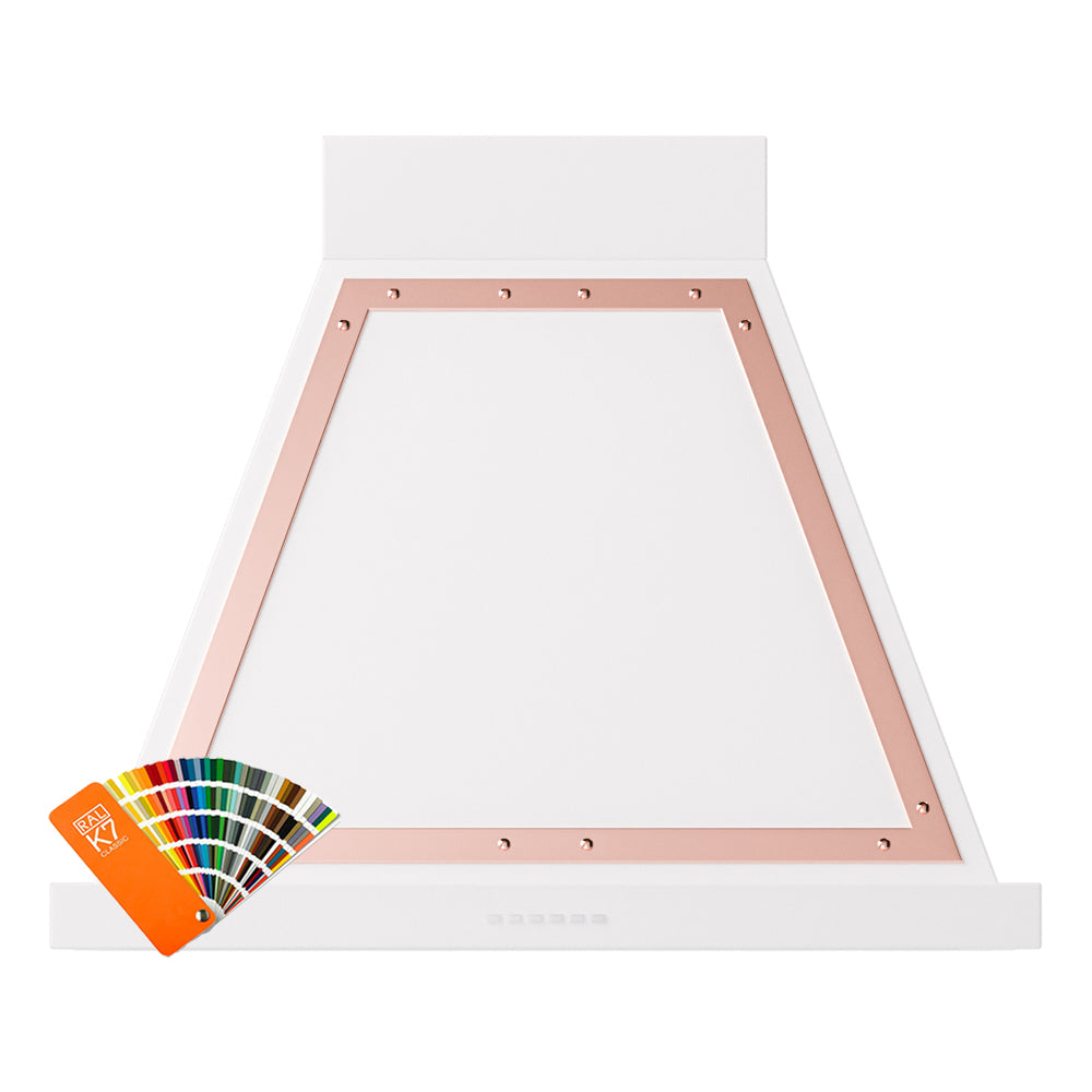 Graphite matte wall range hood with copper-trimmed underside and chimney side panels