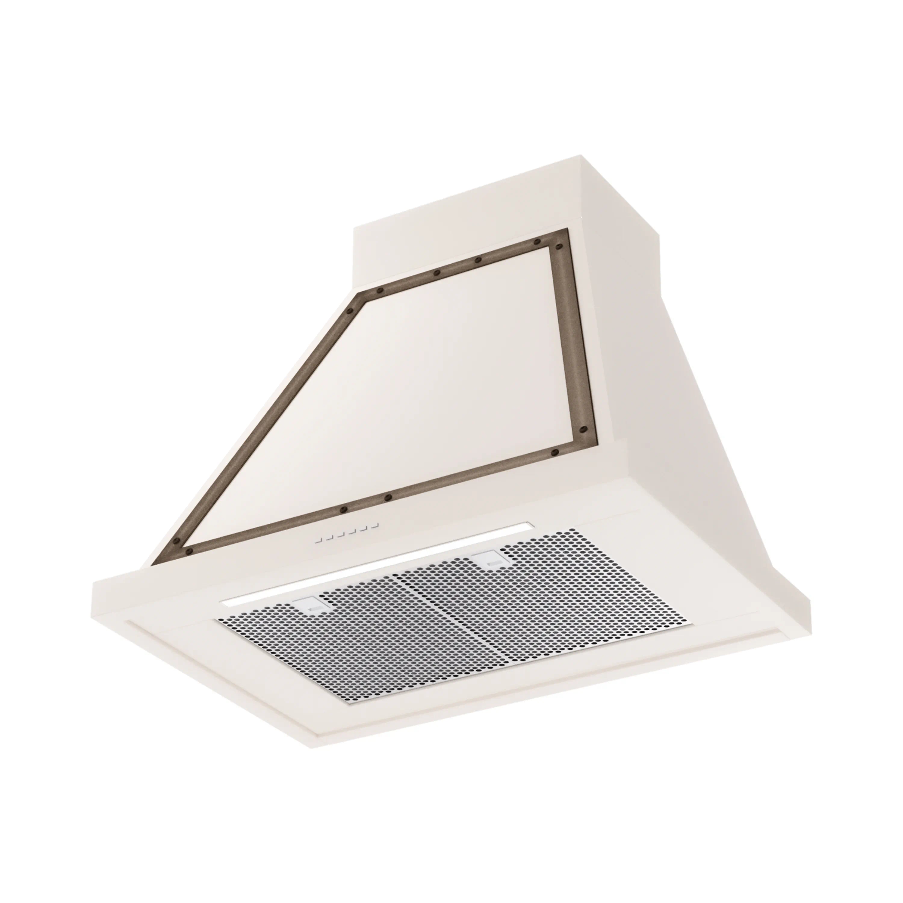 Antique white wall range hood with bronze-trim frame and mesh vent filter