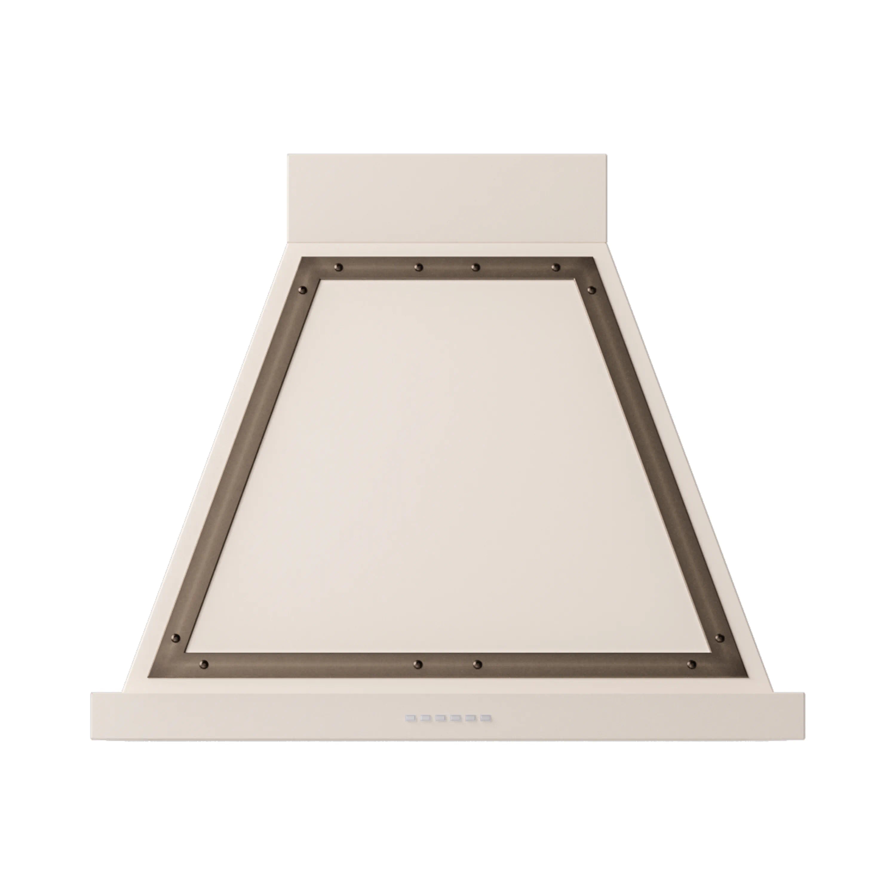 Antique white wall-mount range hood with bronze-trimmed chimney opening