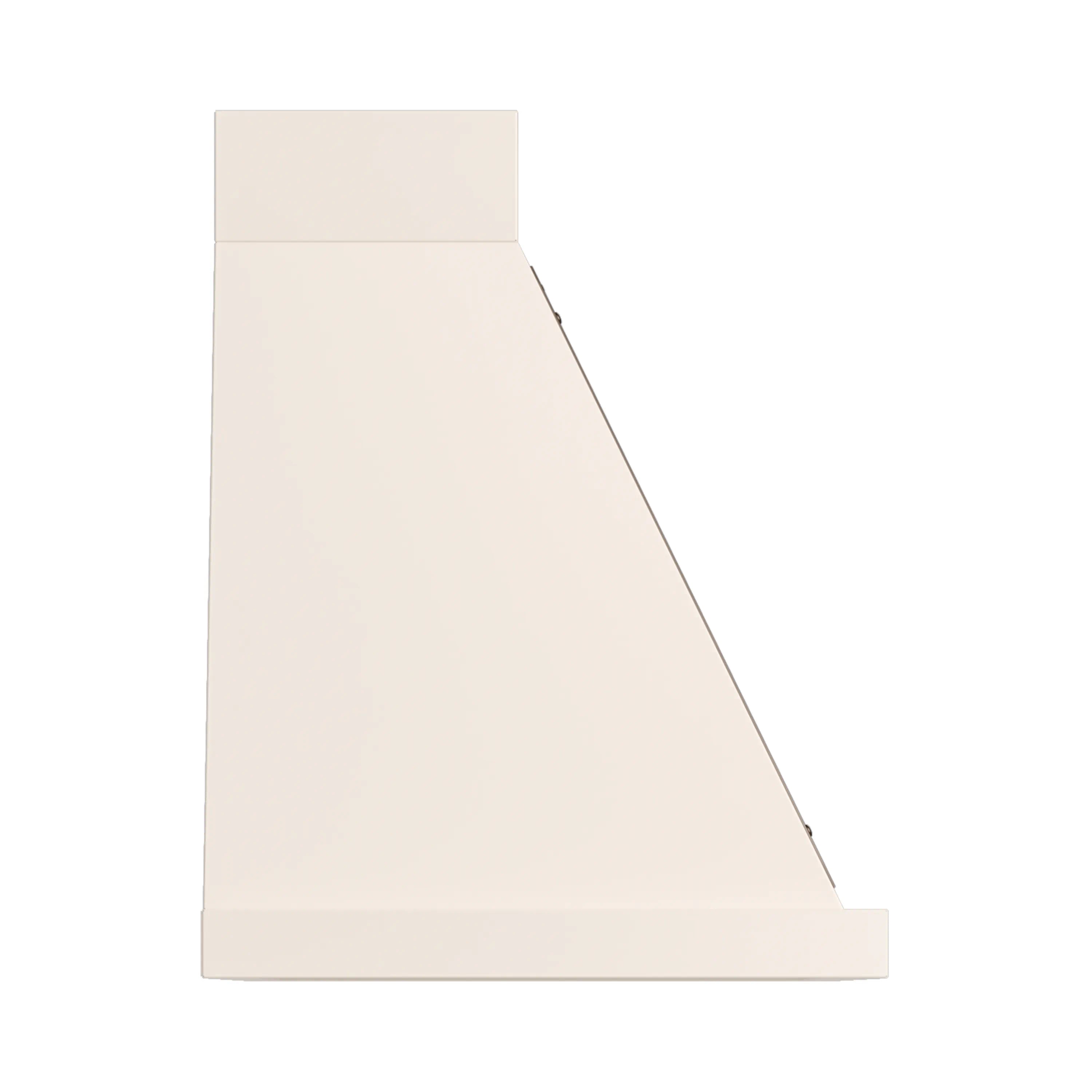 Antique white wall-mount range hood with angled chimney and bronze trim