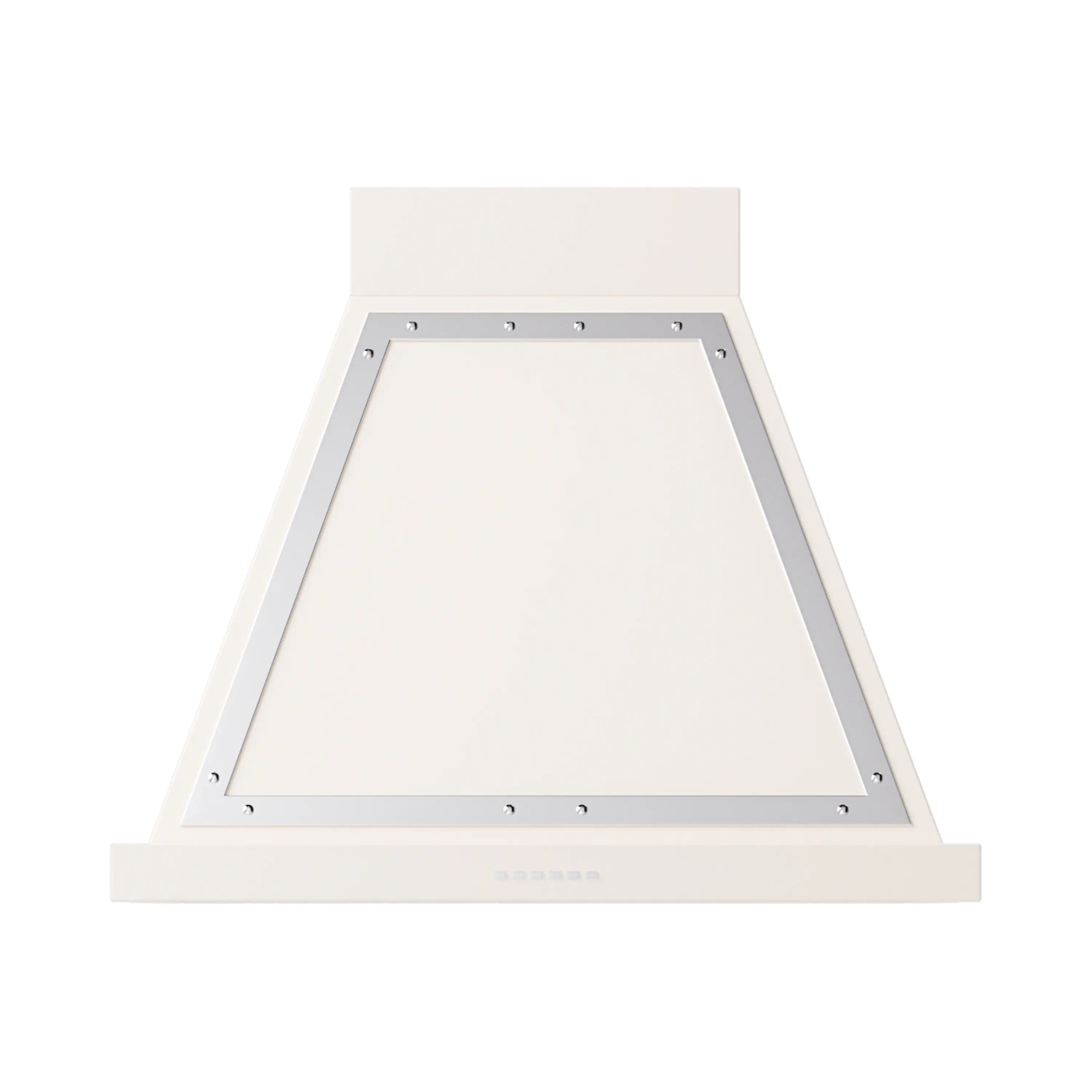 Antique white wall-mounted range hood with chrome trim, open underside and panel