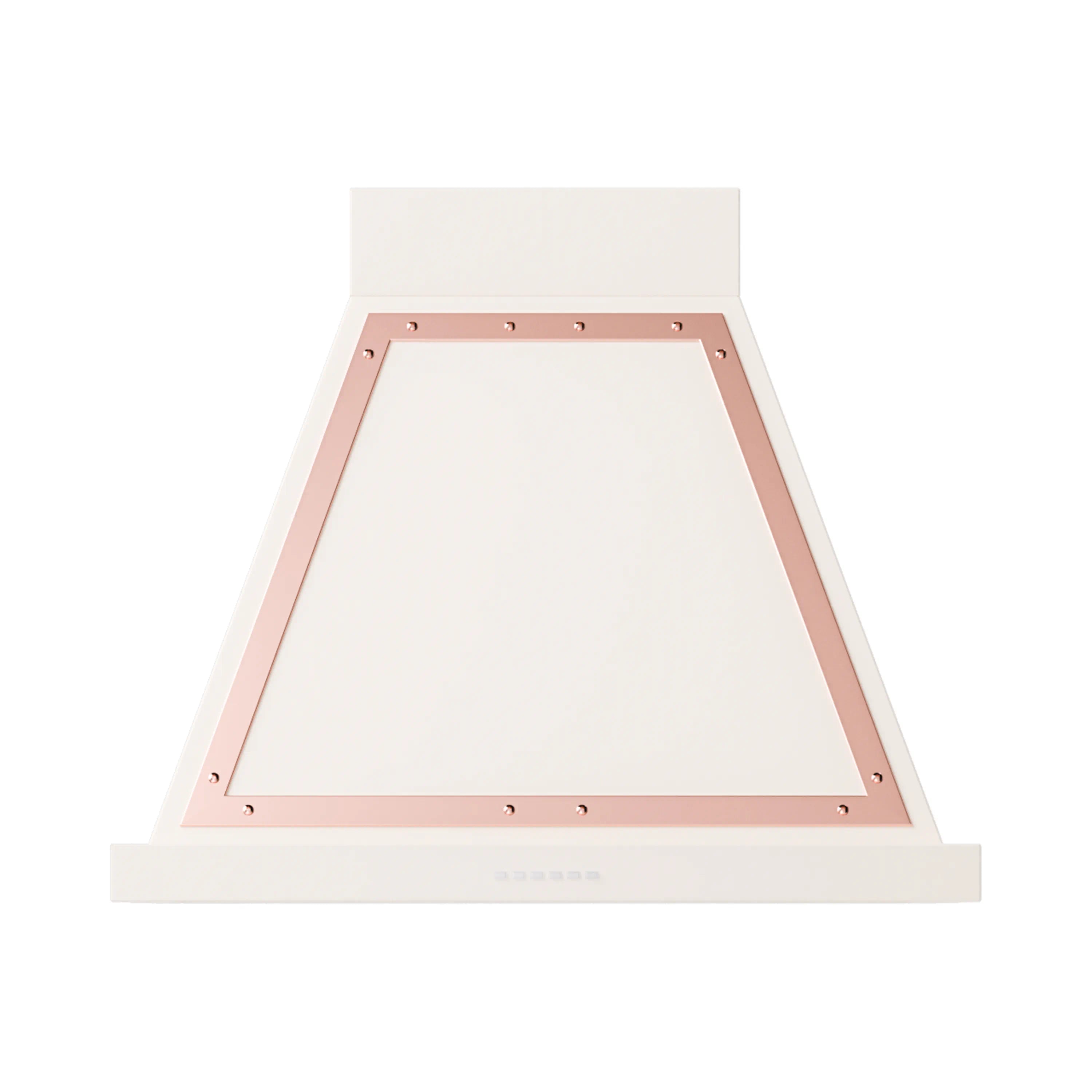 Antique white range hood interior with copper-trimmed frame