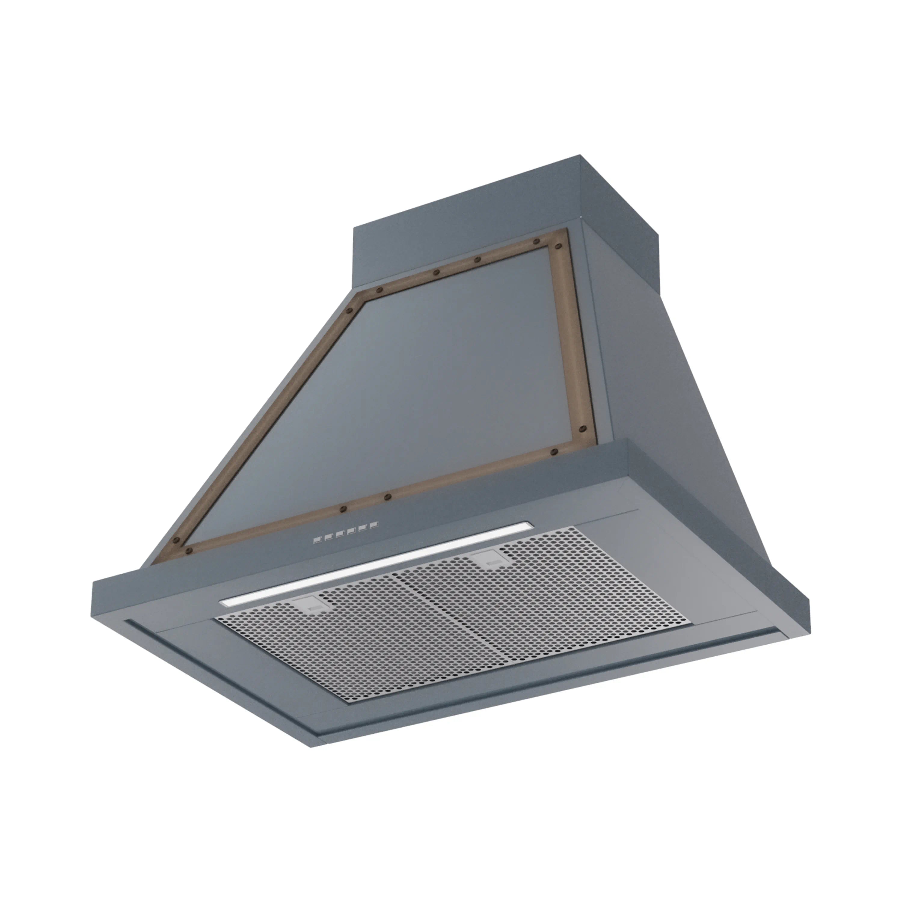 Blue grey wall-mount range hood with bronze frame and mesh grease filter