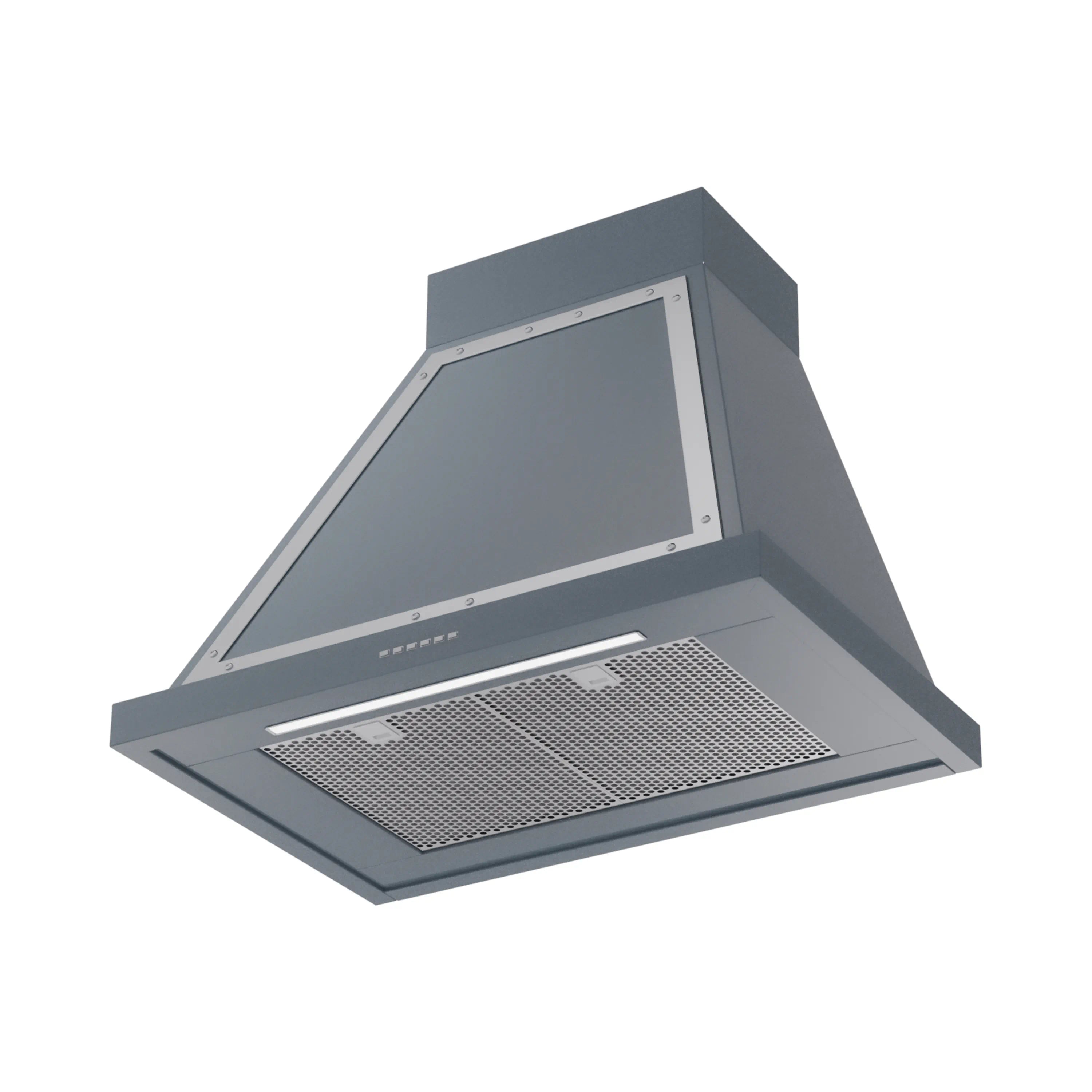 Wall-mounted range hood with blue grey chimney, chrome trim, and mesh filter
