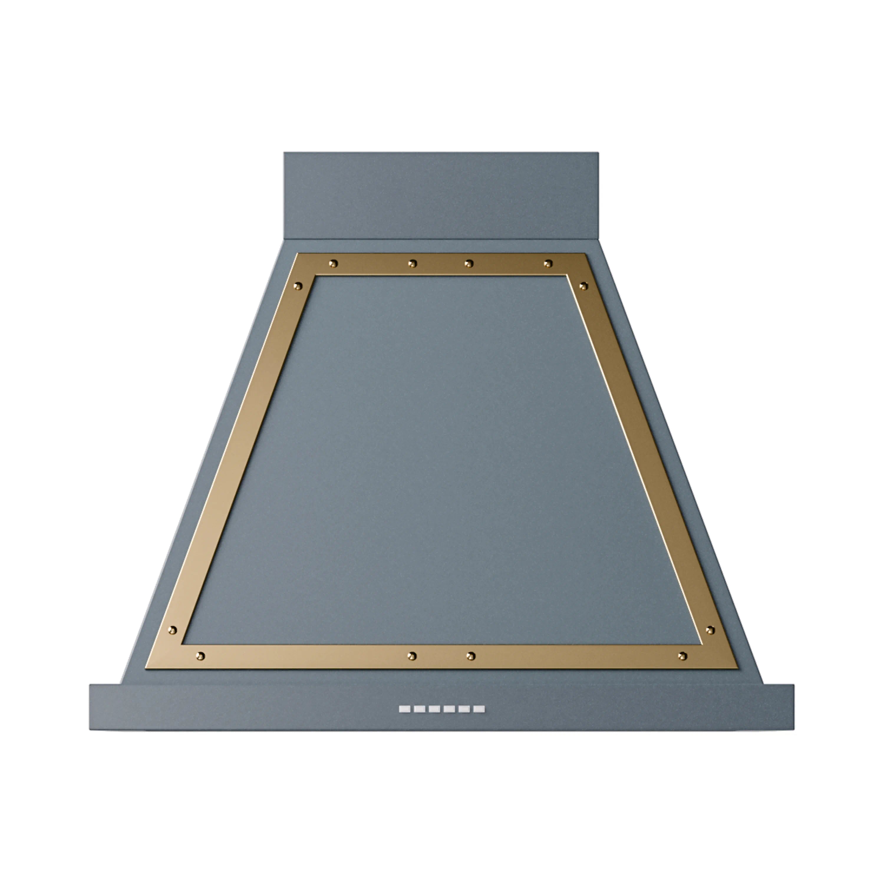 Wall-mounted range hood in blue-gray with brass trim, front panel, and vent slots