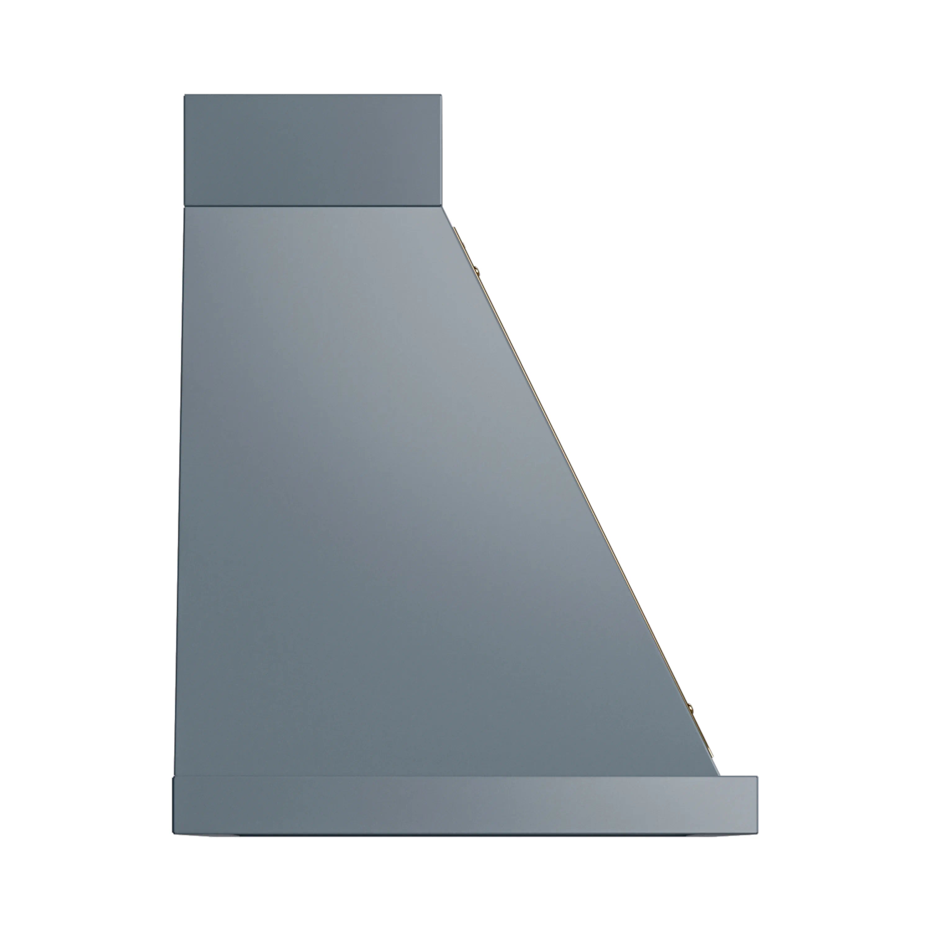 Wall-mounted range hood side view in blue-gray with brass edging along the chimney