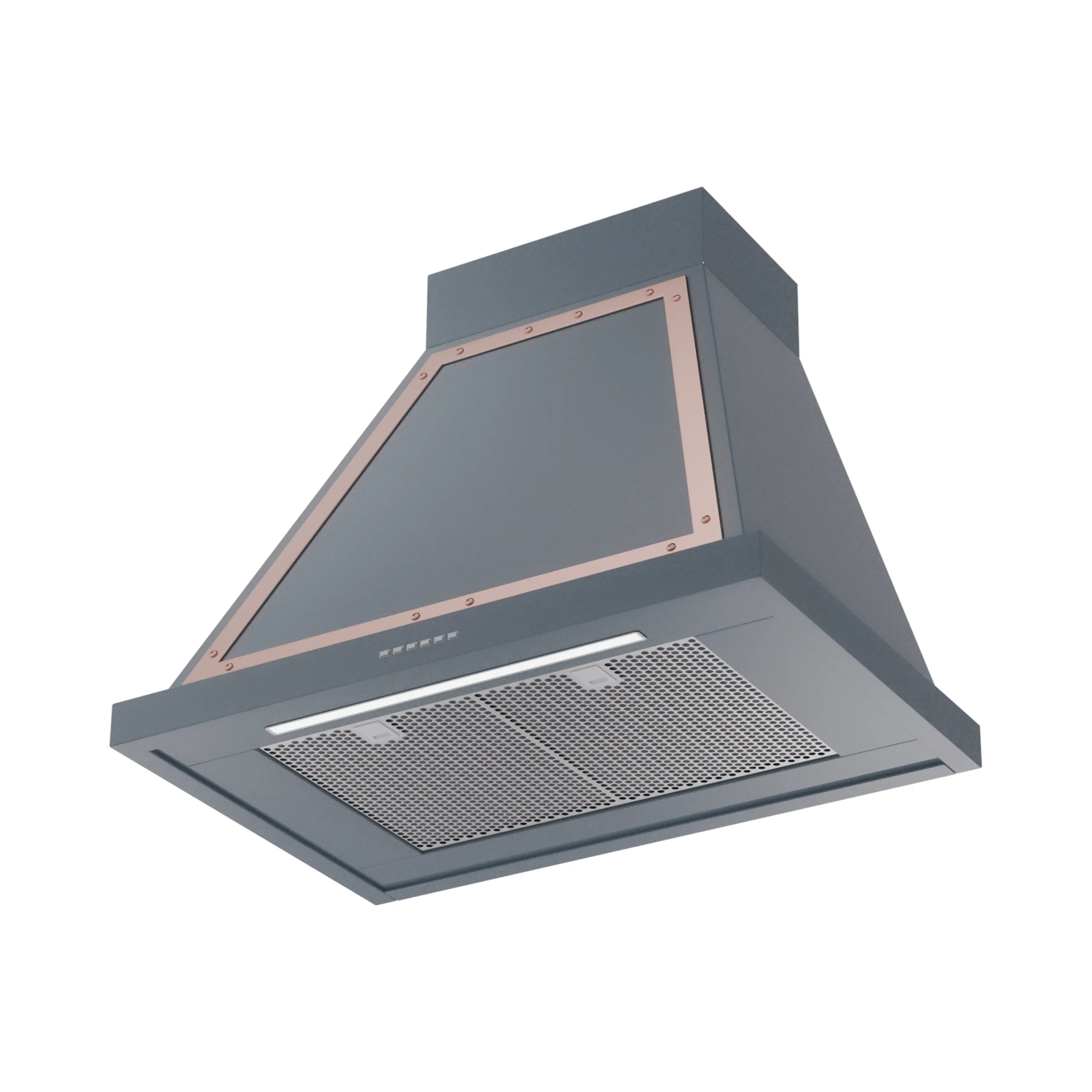 Blue-gray wall range hood with copper trim, glass panel, and mesh filter