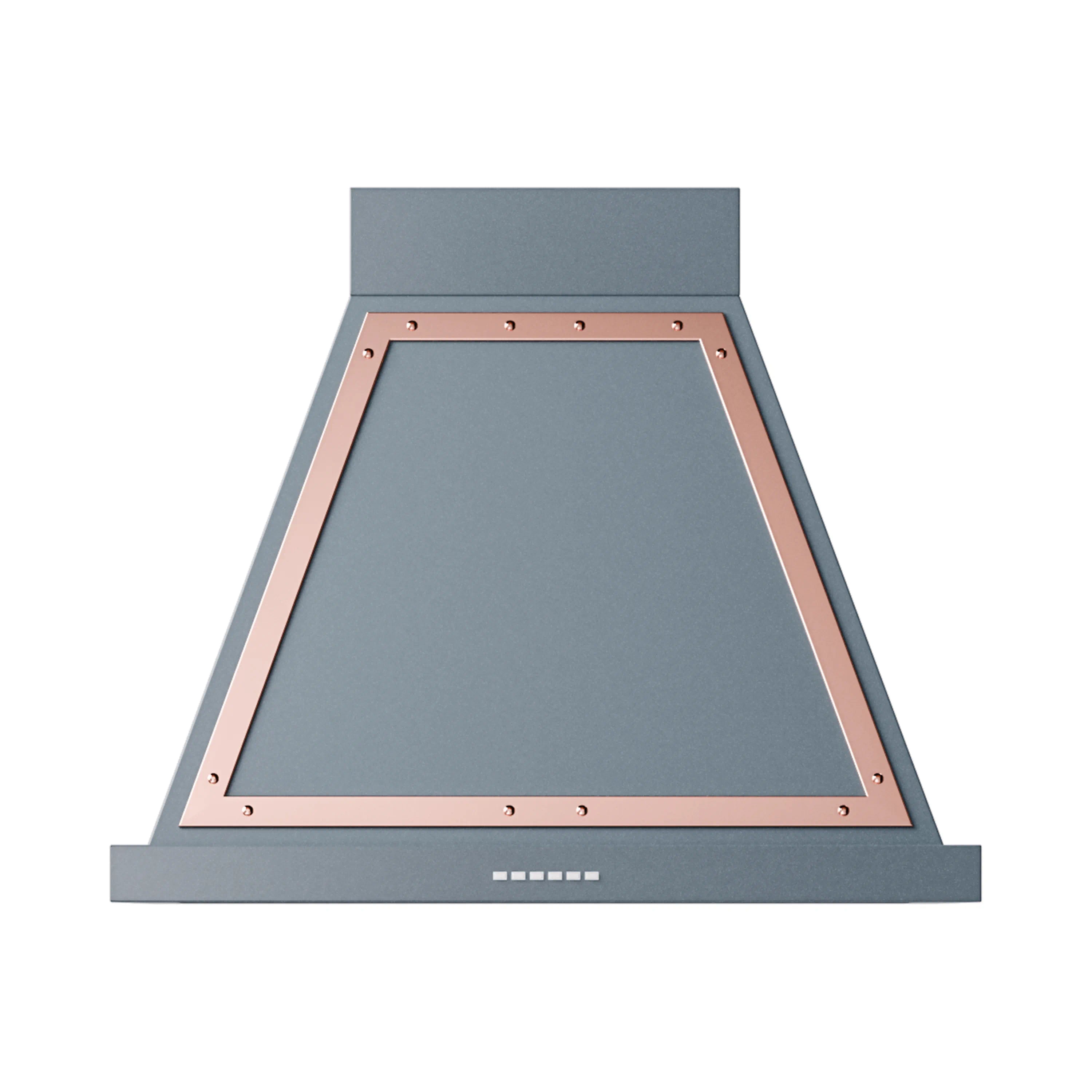 Blue-gray wall range hood with copper-framed opening and front vent panel
