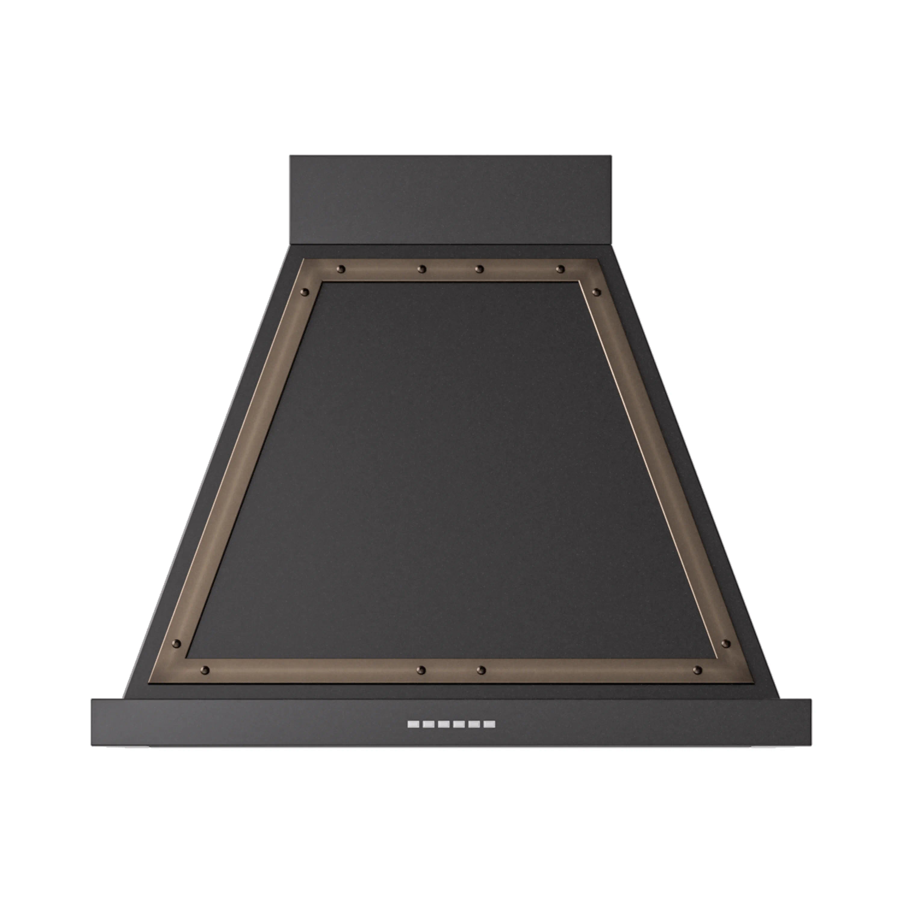 Wall-mounted range hood front with glossy black panel and bronze accent trim