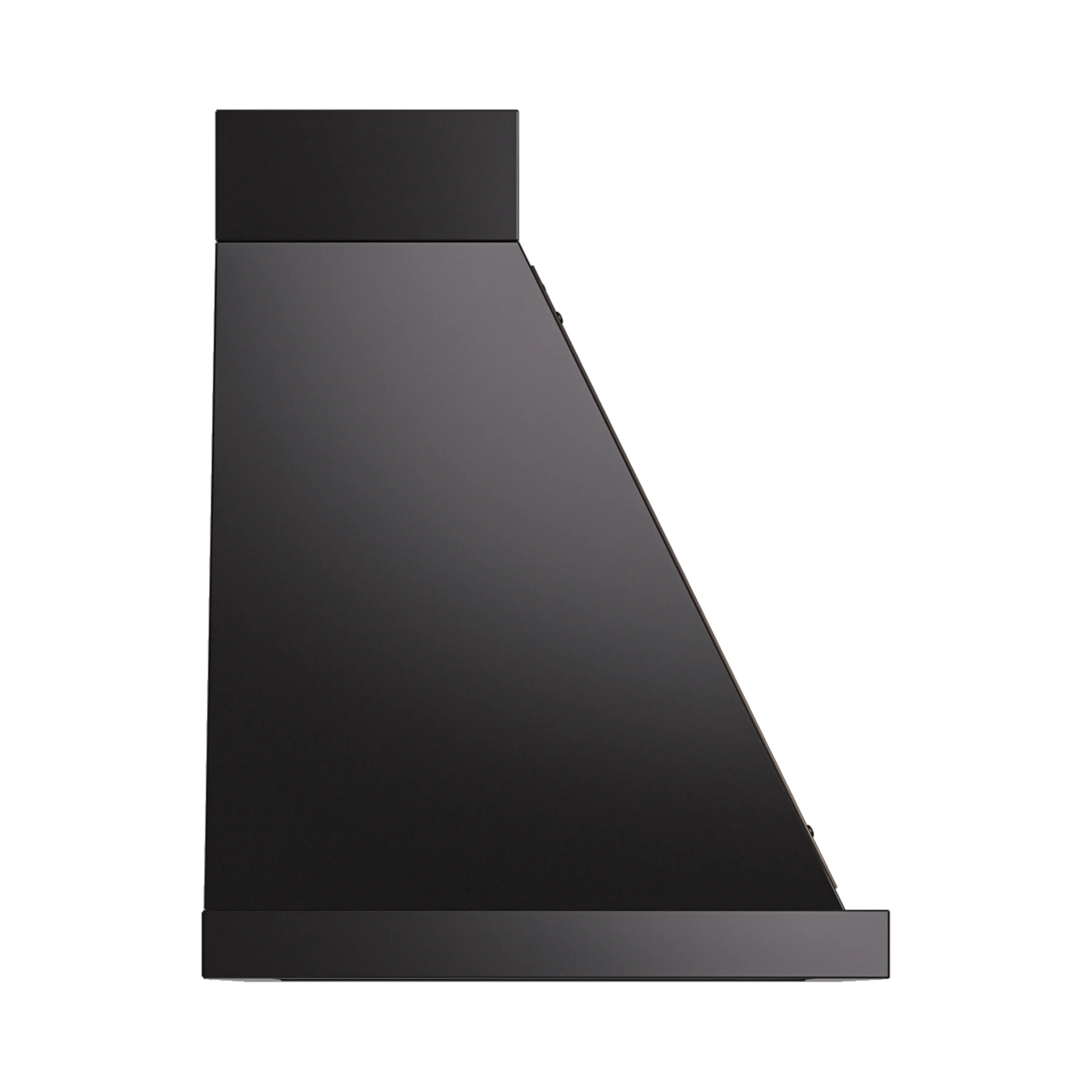 Wall-mounted range hood chimney in glossy black with bronze-trim edge