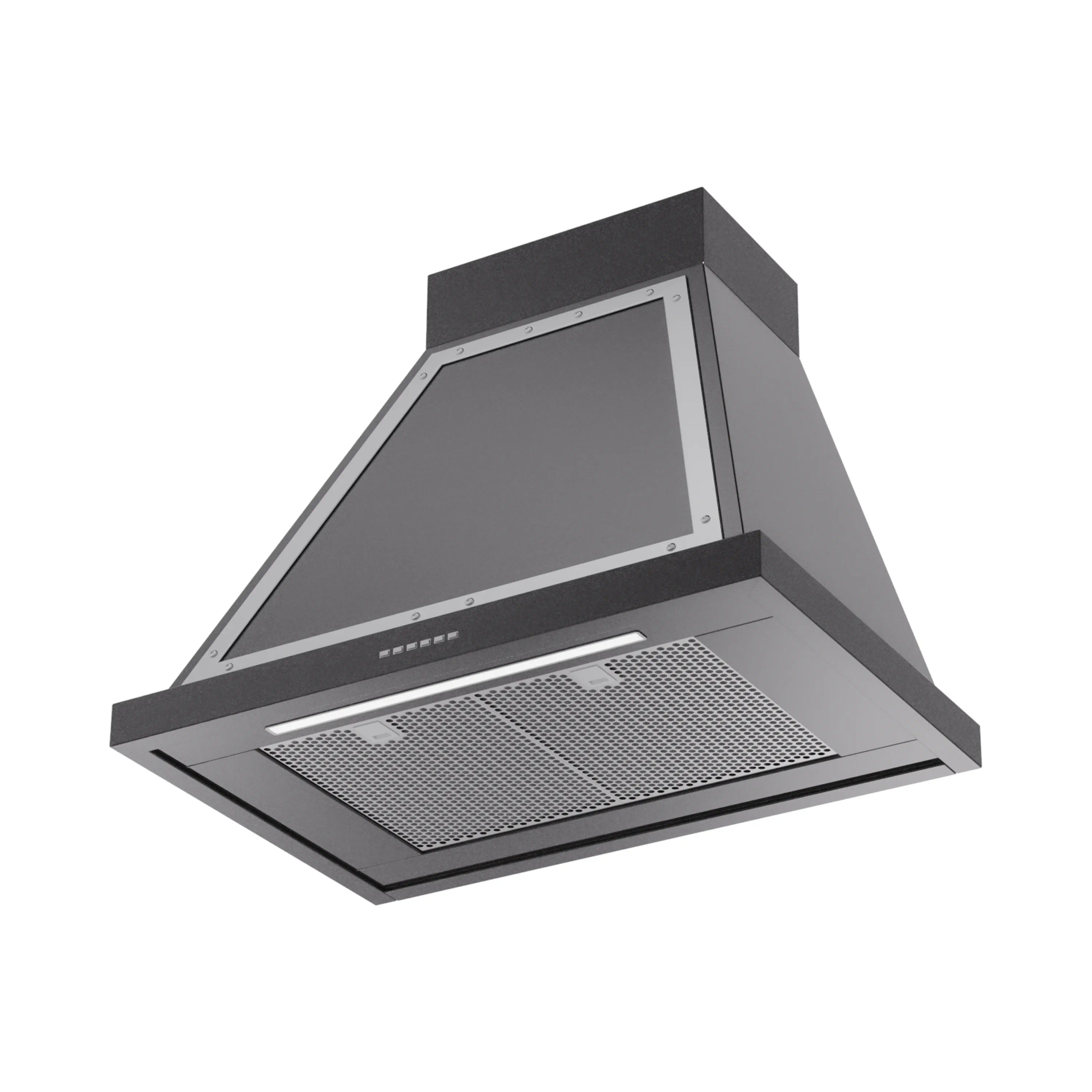 Glossy black wall range hood with chrome trim and mesh filter
