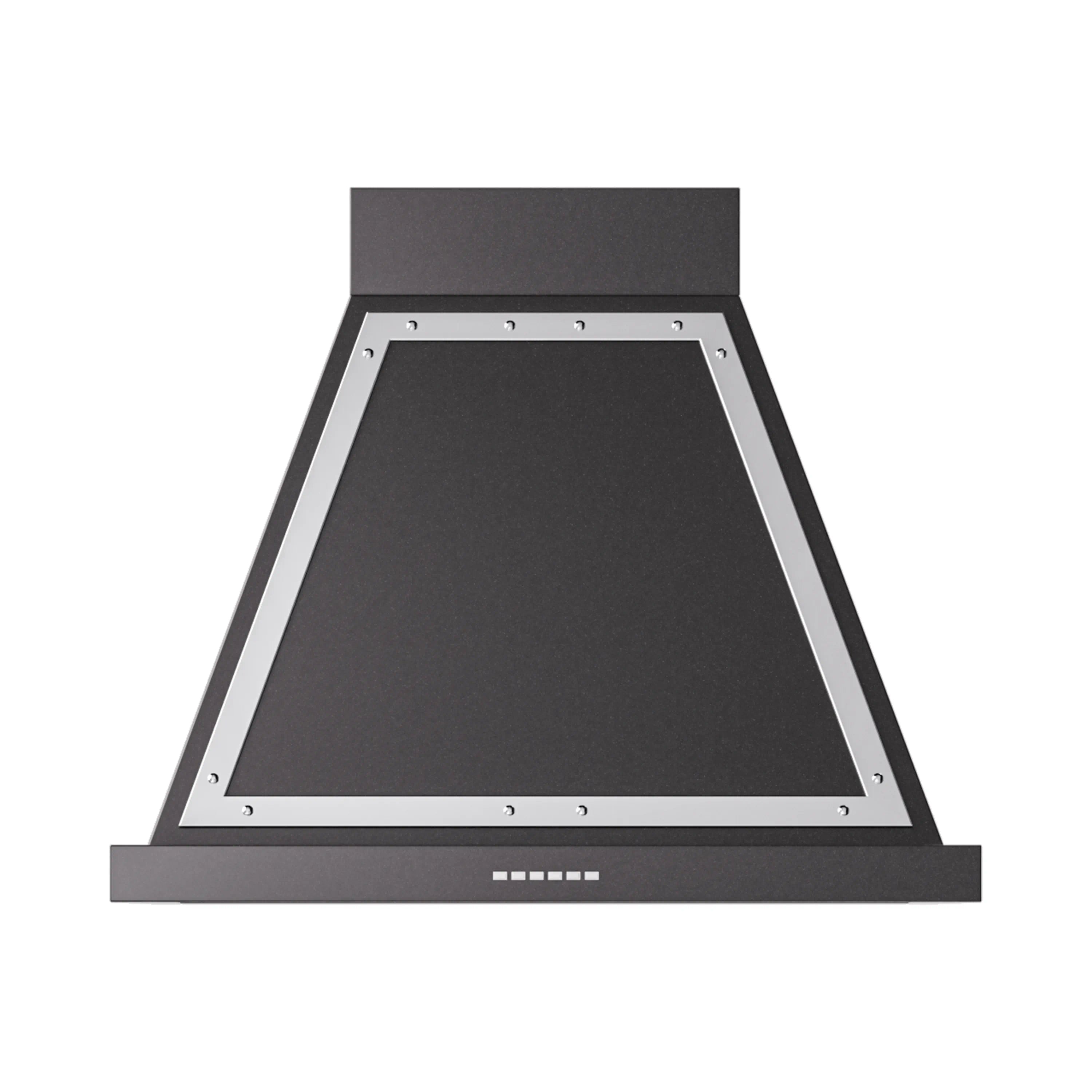 Wall mounted range hood interior panel with chrome trim in glossy black